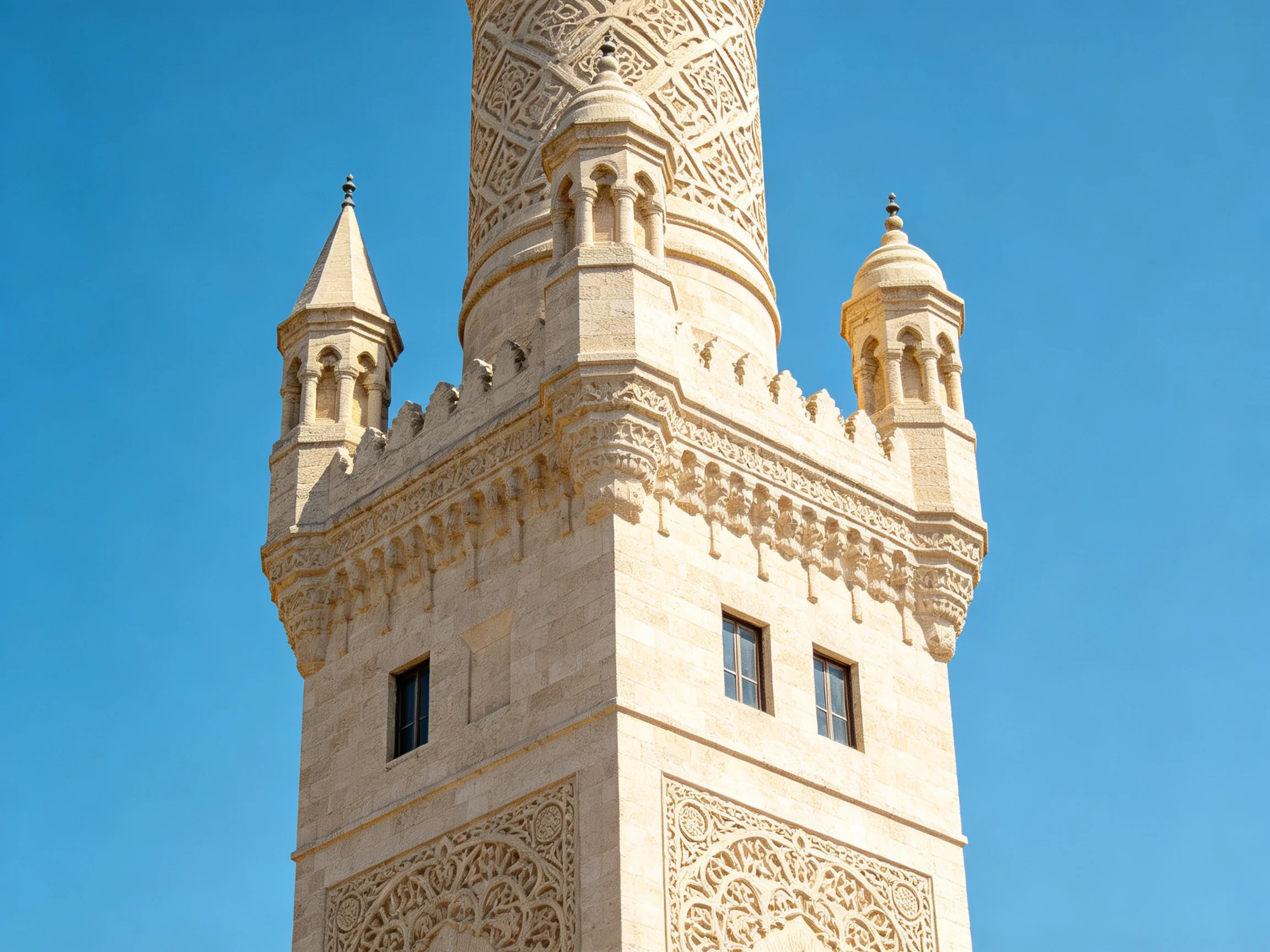 Intricate Carved Stone Tower with Ornate Details Under Clear Blue Sky