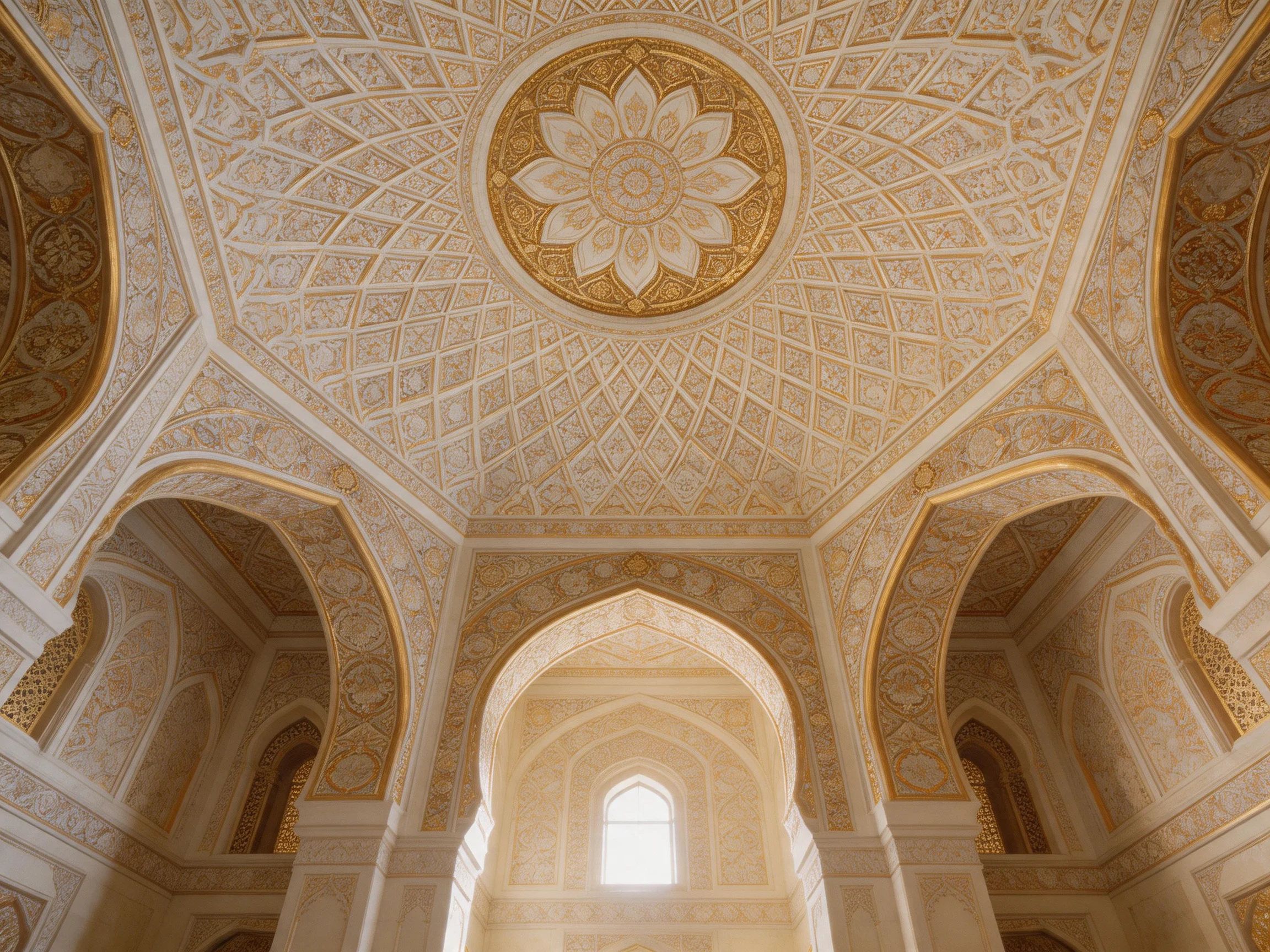 Intricate Gold and White Ceiling with Arched Structures