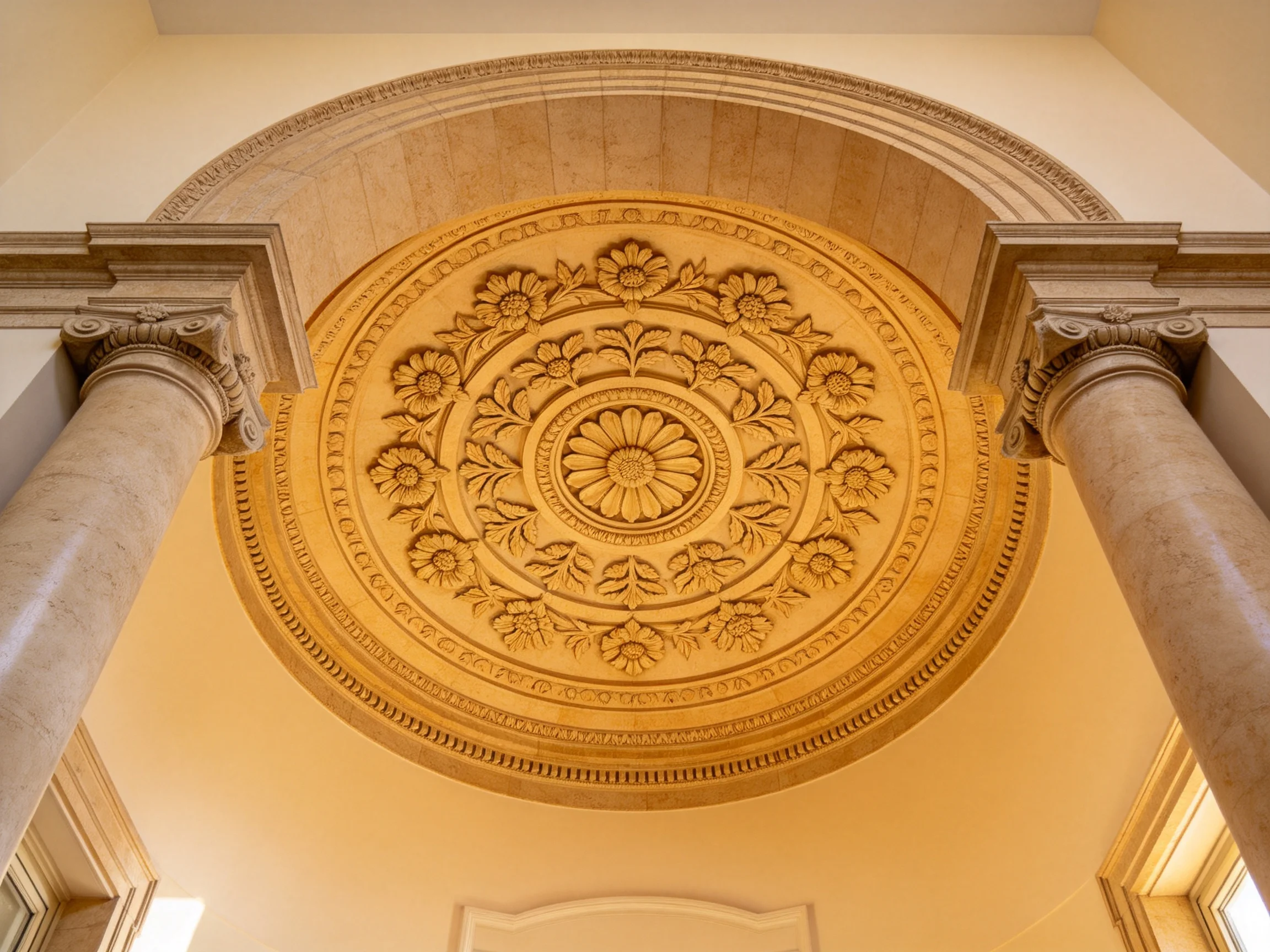 Intricate Golden Circular Ceiling with Flanking Columns