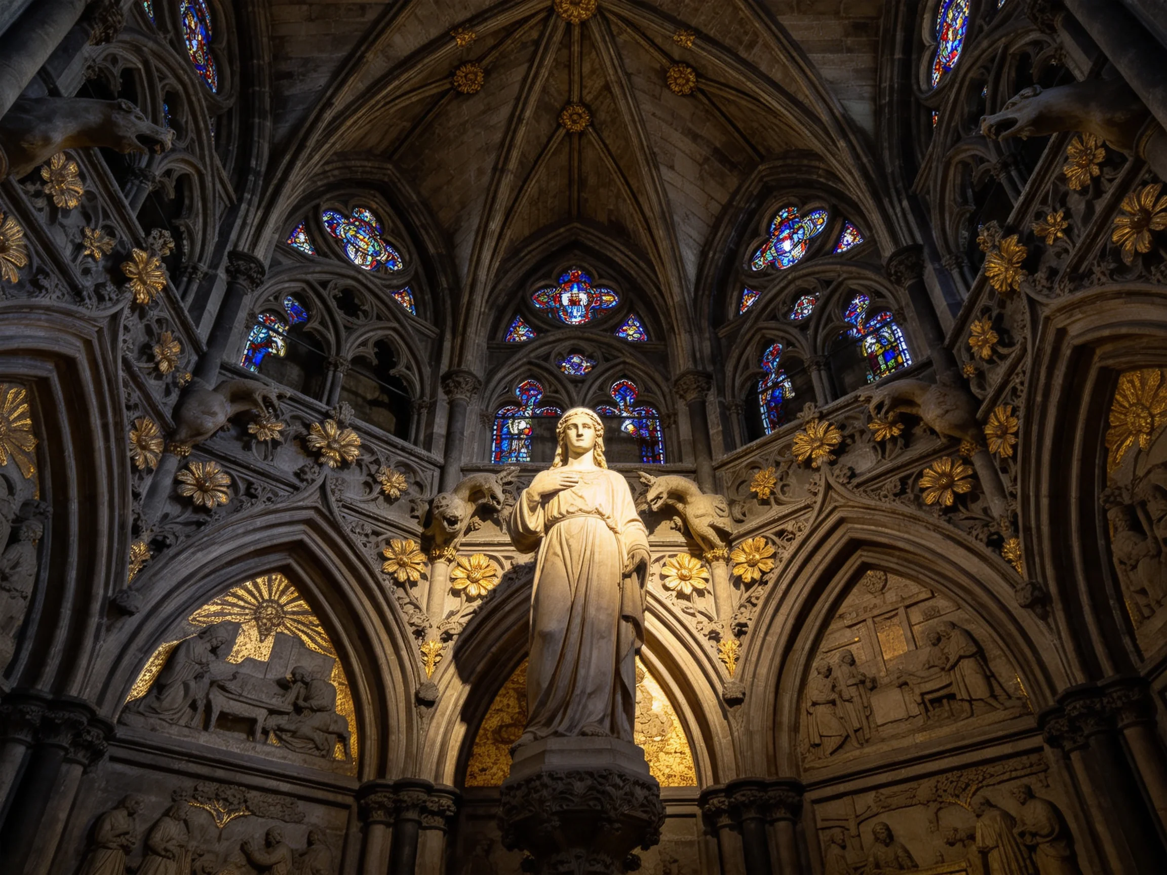 Intricate Gothic Cathedral Interior with Central Statue and Stained Glass Windows
