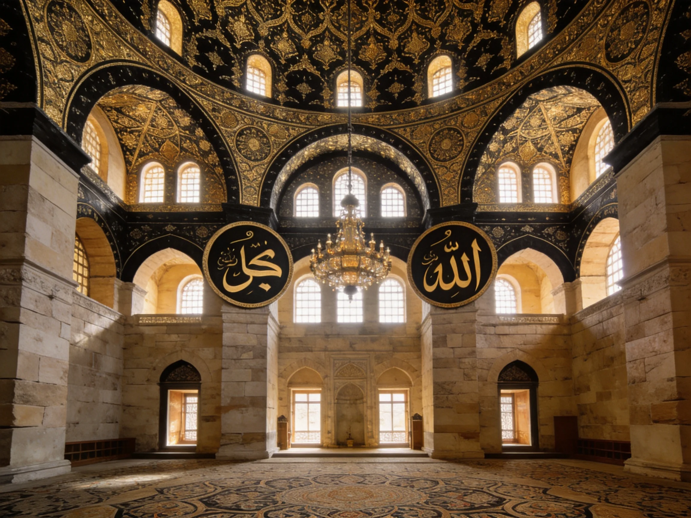 Intricate Islamic Mosque Interior with Black and Gold Domes