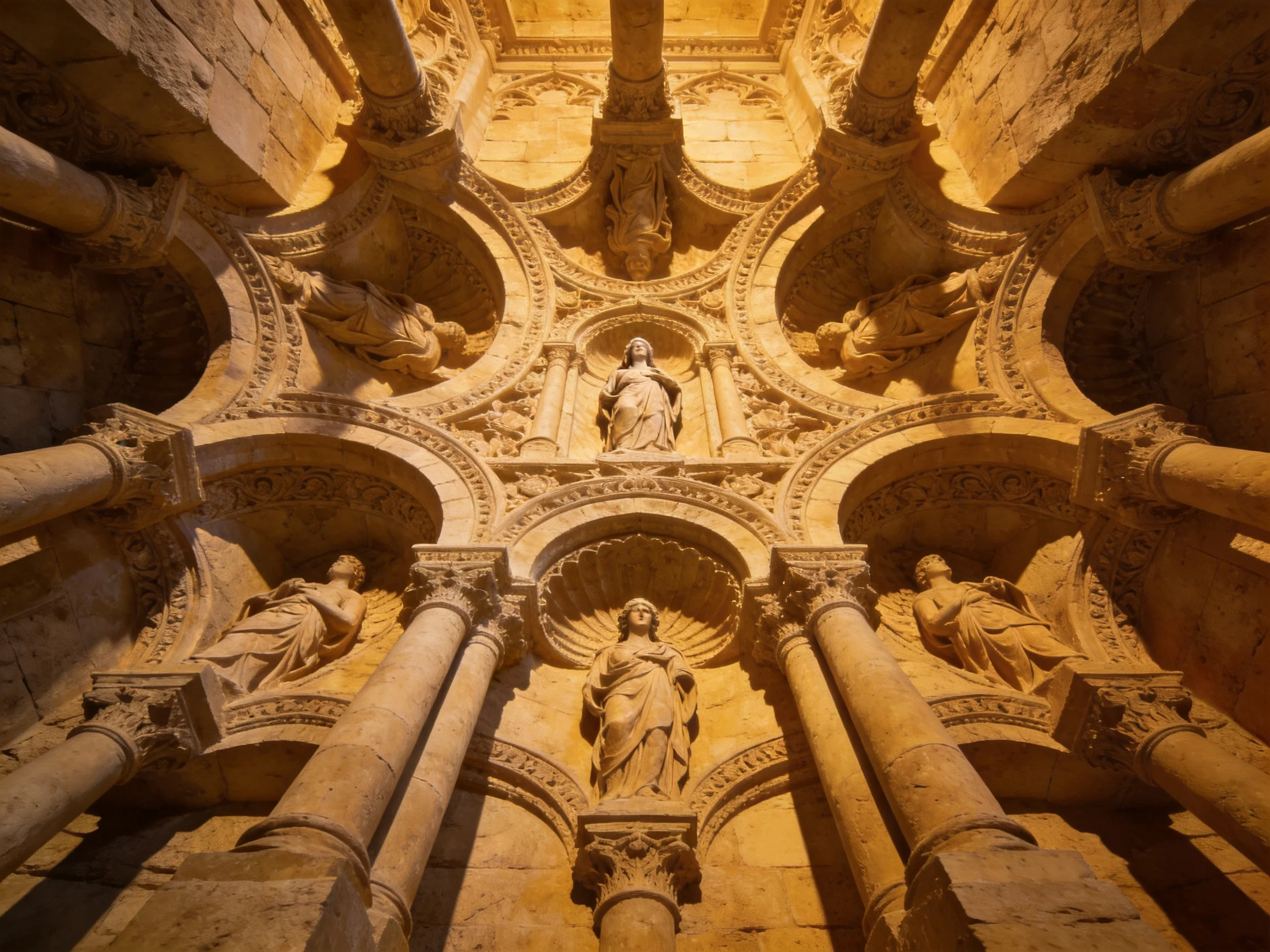 Intricate Medieval Stone Carvings with Religious Sculptures