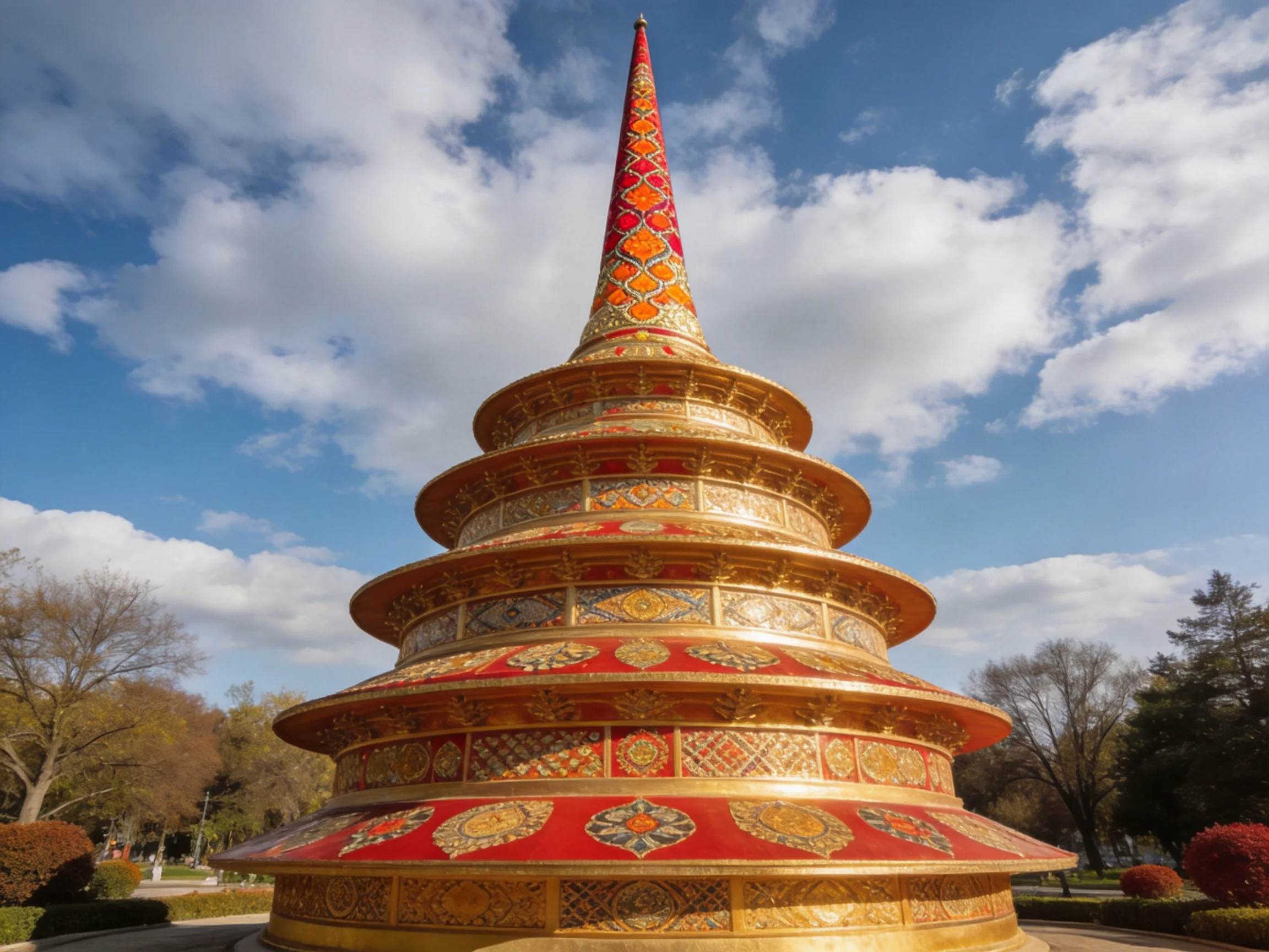 Intricate Multi-Tiered Pagoda with Gold and Red Decorations