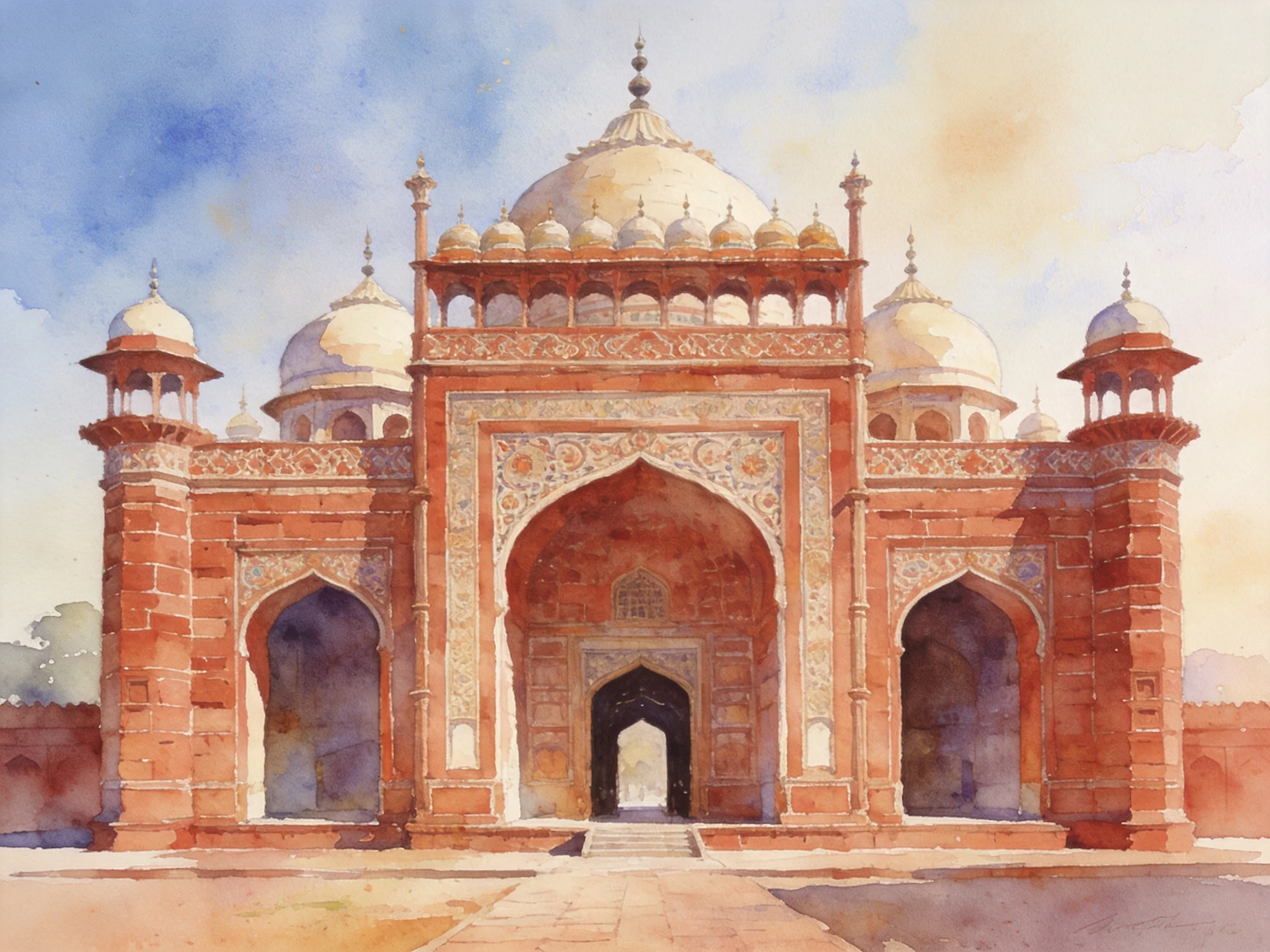 Intricate Red Brick Monument with Multiple Domes and Arches