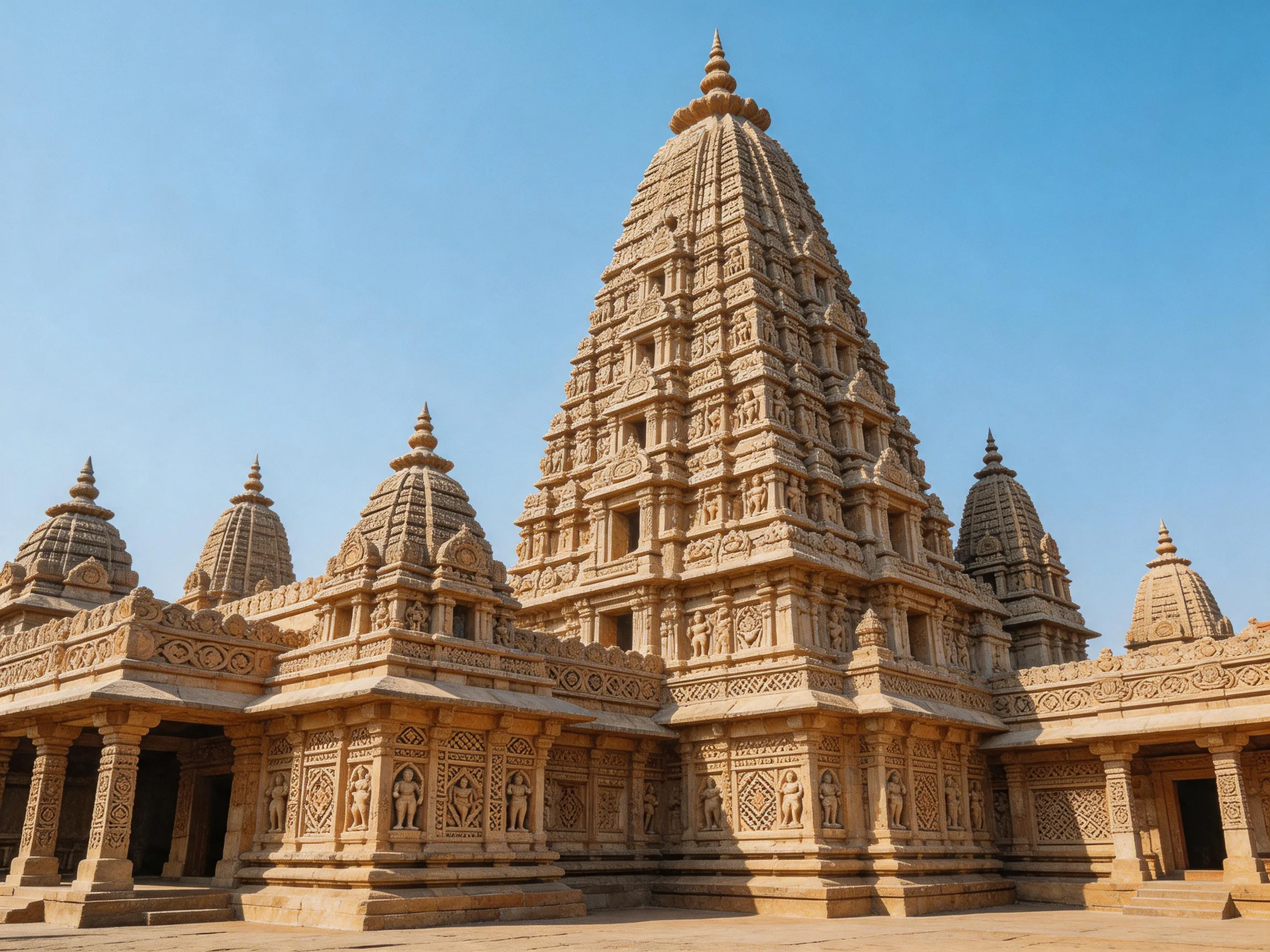 Intricate Sandstone Temple Complex with Multiple Spires Under Clear Blue Sky