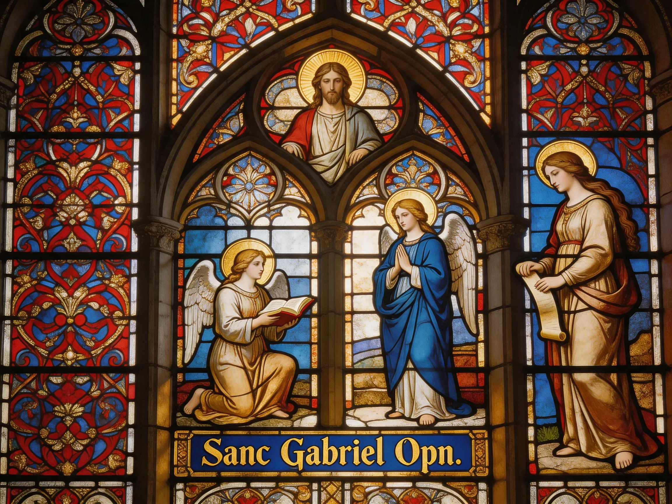 Intricate Stained Glass Depiction of Religious Figures