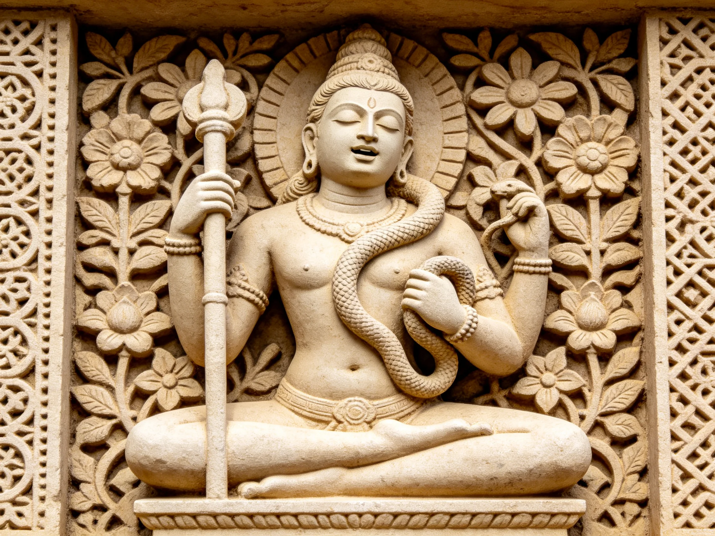Intricate Stone Carving of a Seated Deity with Serpent and Staff