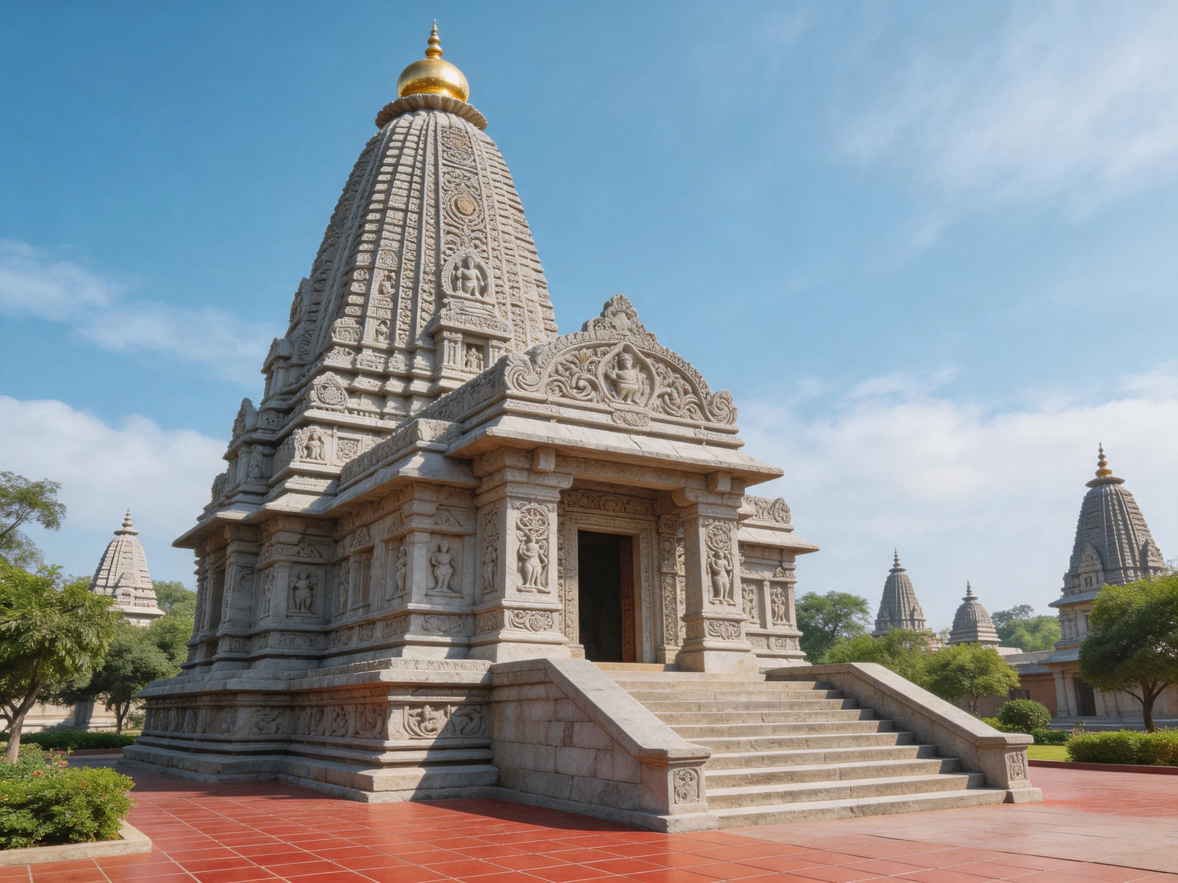 Intricate Stone Temple with Golden Dome Among Several Temples