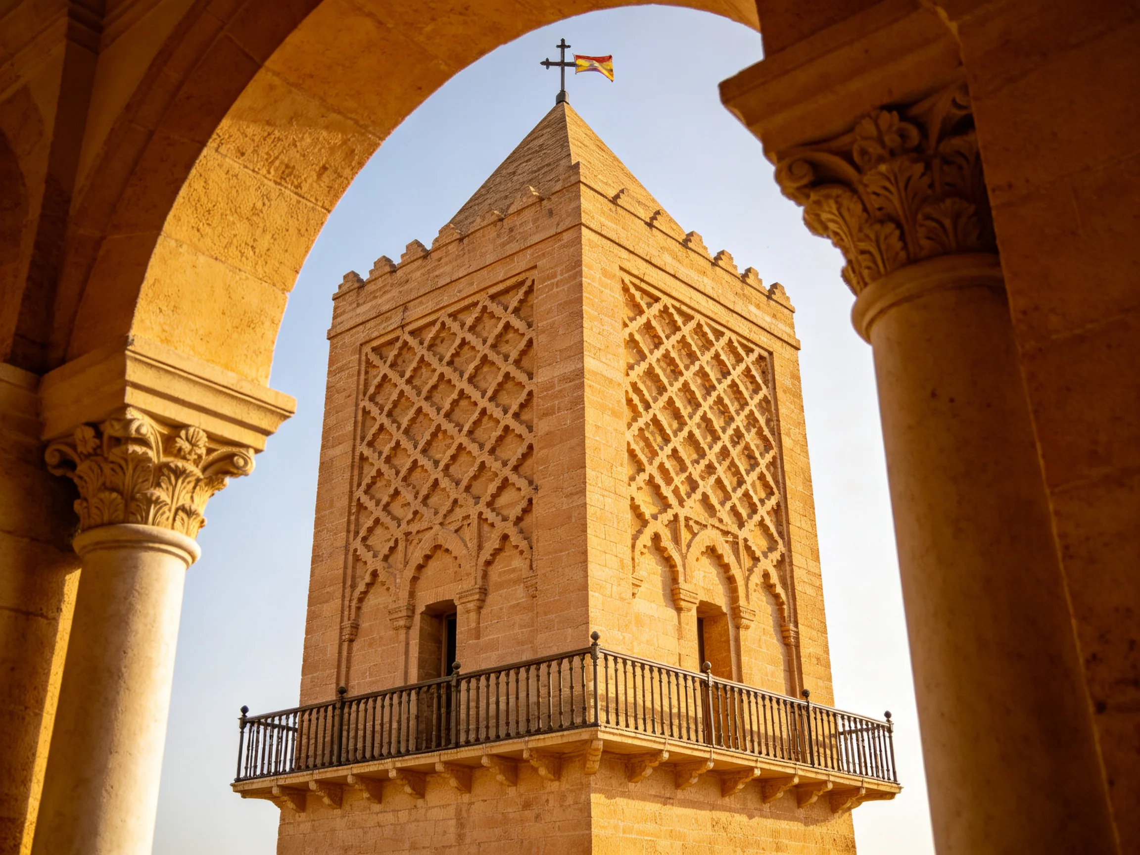 Intricate Stone Tower with Arched Framework and Lattice Design