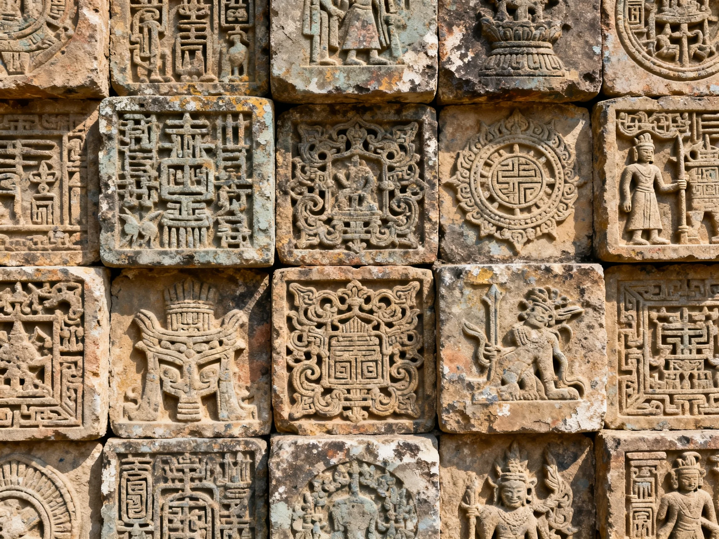 Intricate ancient stone tile carvings in earthy tones