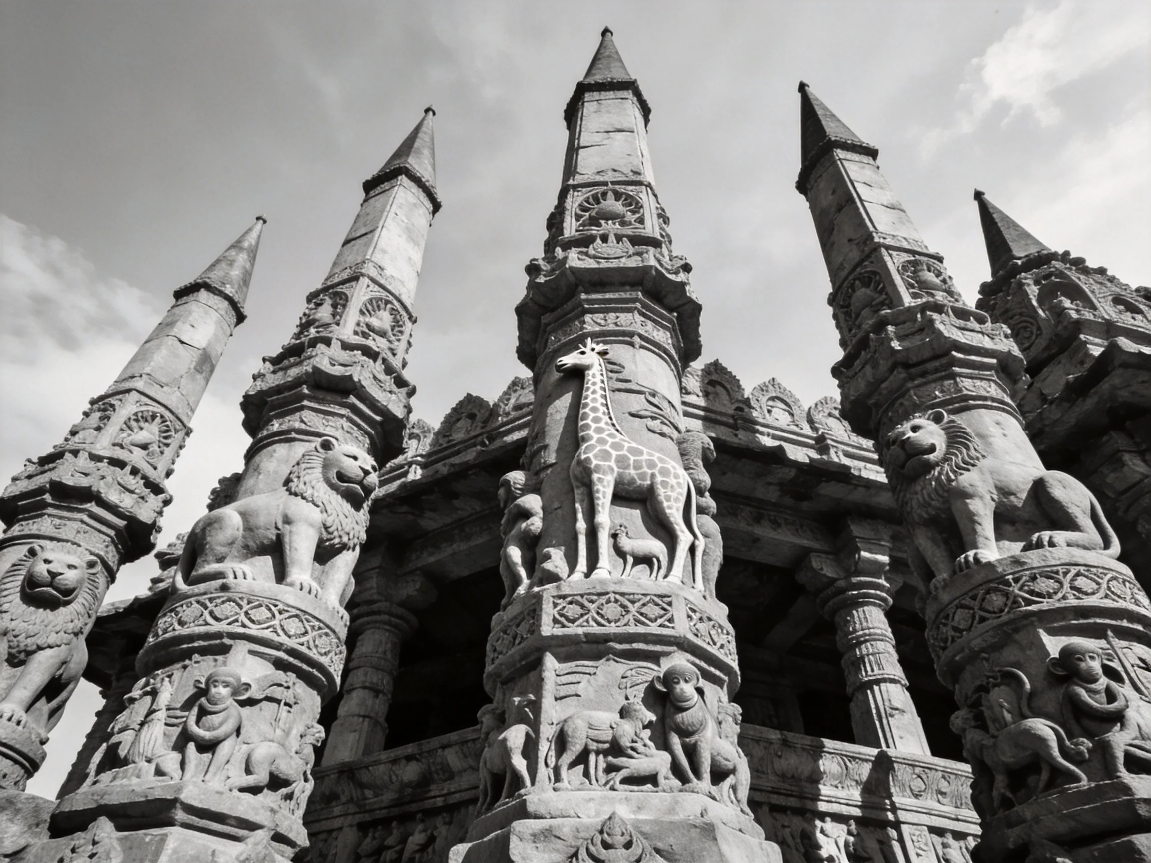 Intricate animal carvings on ancient temple spires
