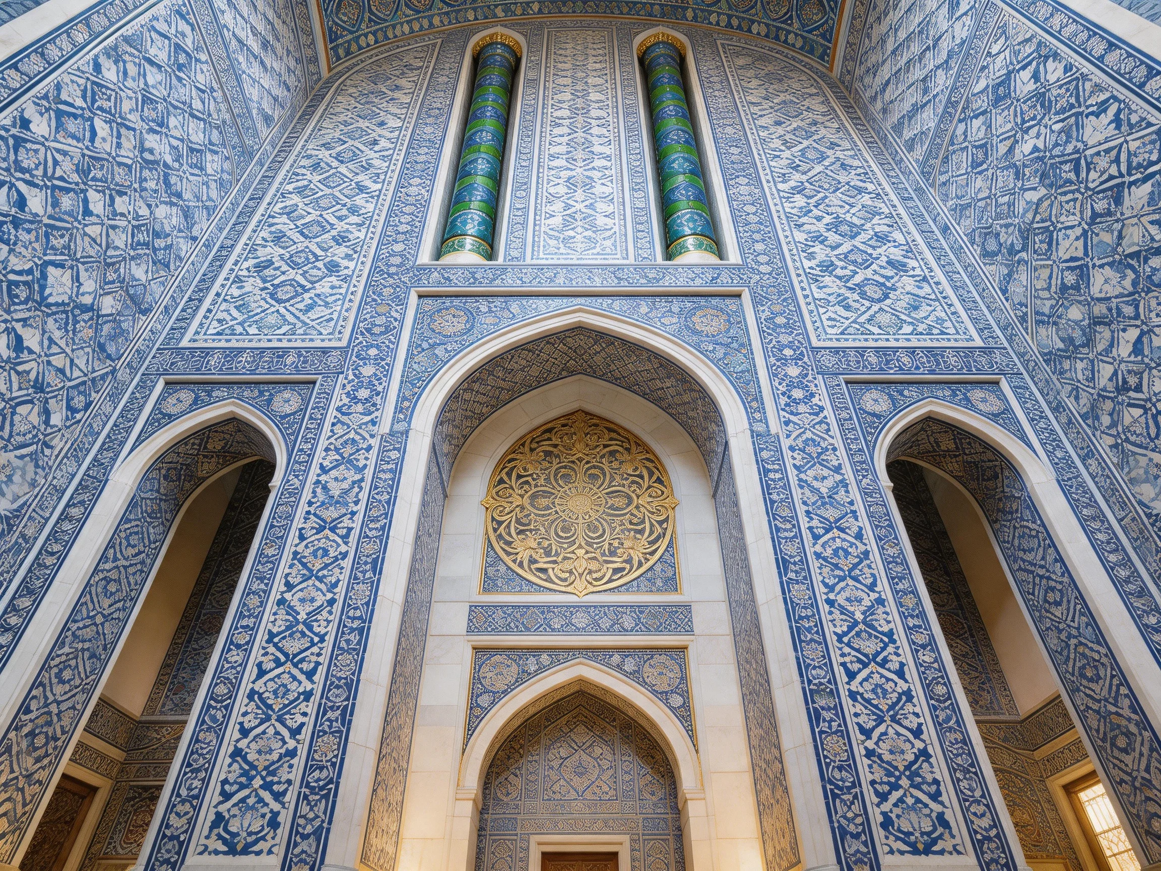 Intricate blue-tiled Islamic architectural interior with gold accents