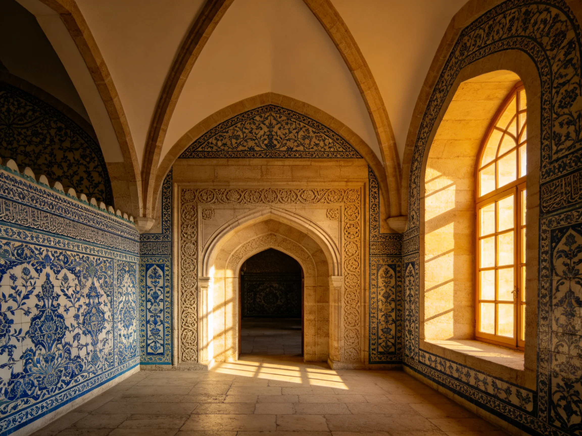 Intricate blue-tiled arches in sunlit stone architecture