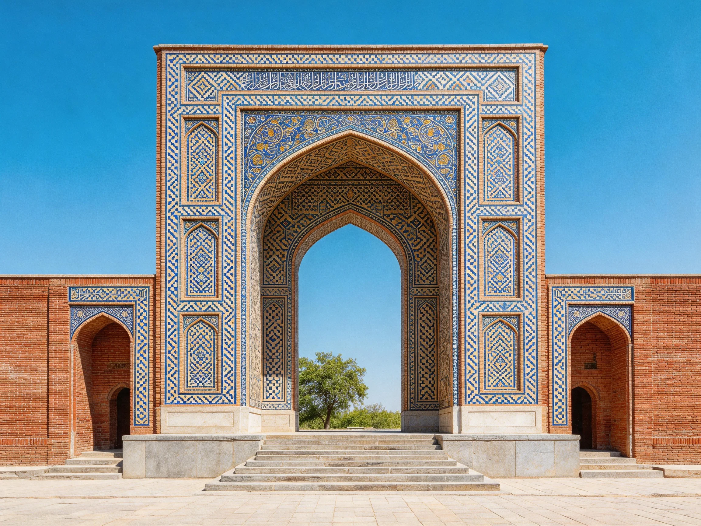 Intricate blue-tiled archway with brick structure