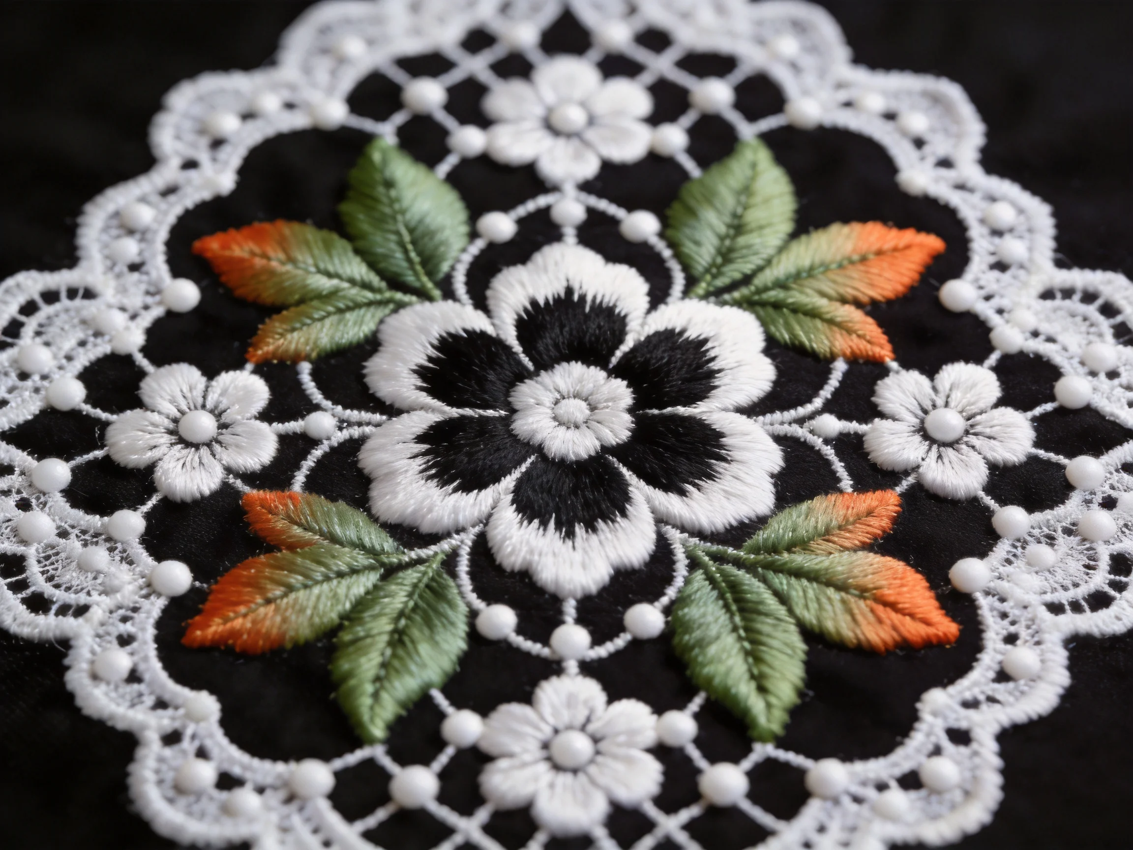 Intricate embroidered floral design with white lace, black fabric, and colored leaves