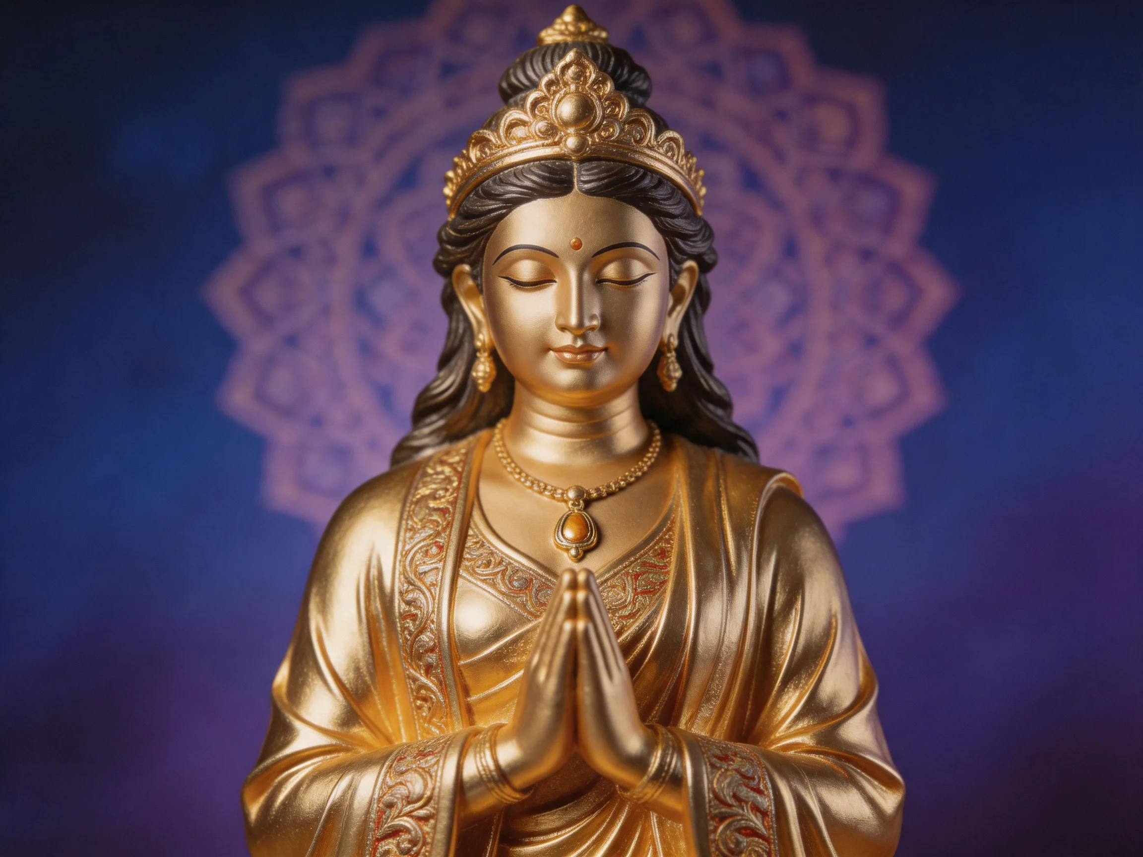 Intricate golden Buddha statue with ornate carvings on purple-blue mandala backdrop