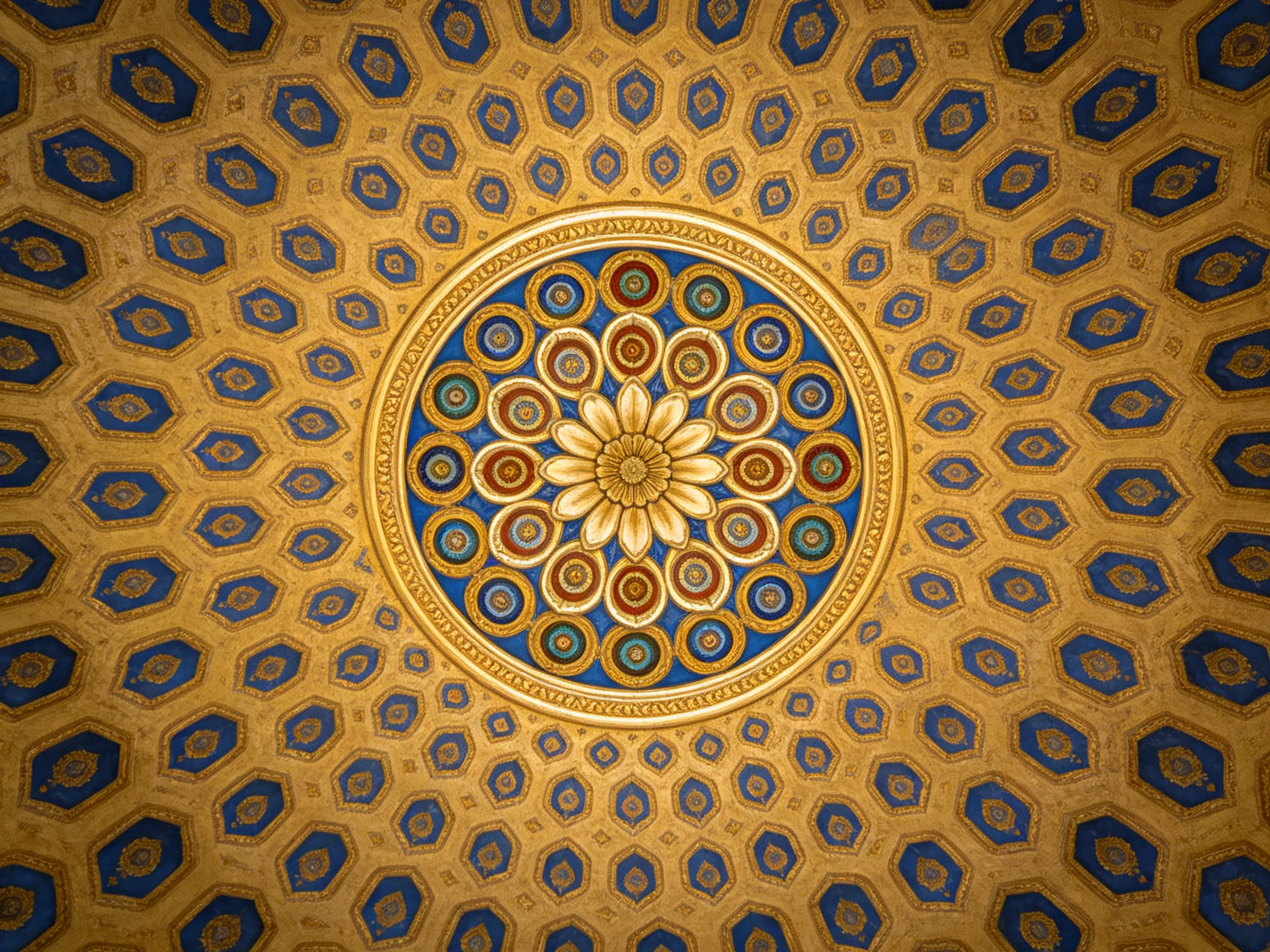 Intricate golden and blue domed ceiling with central floral design