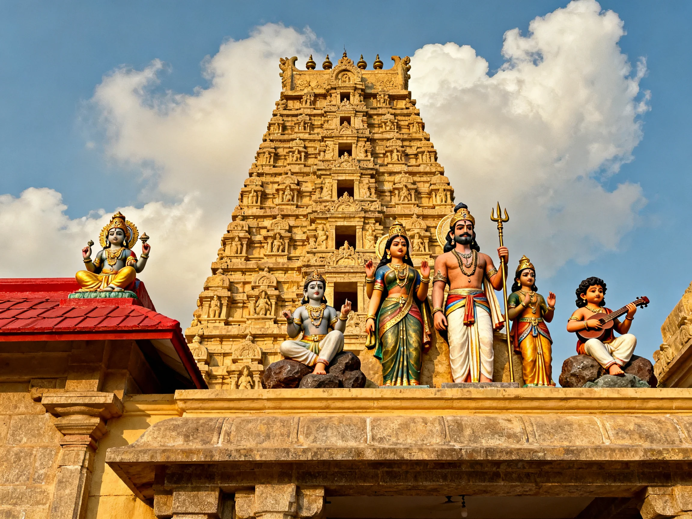 Intricate golden temple tower with colorful Hindu statues