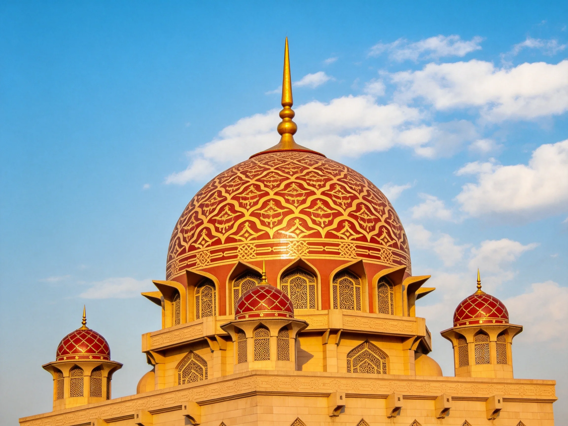 Intricate red and gold mosque domes stand against a bright blue sky