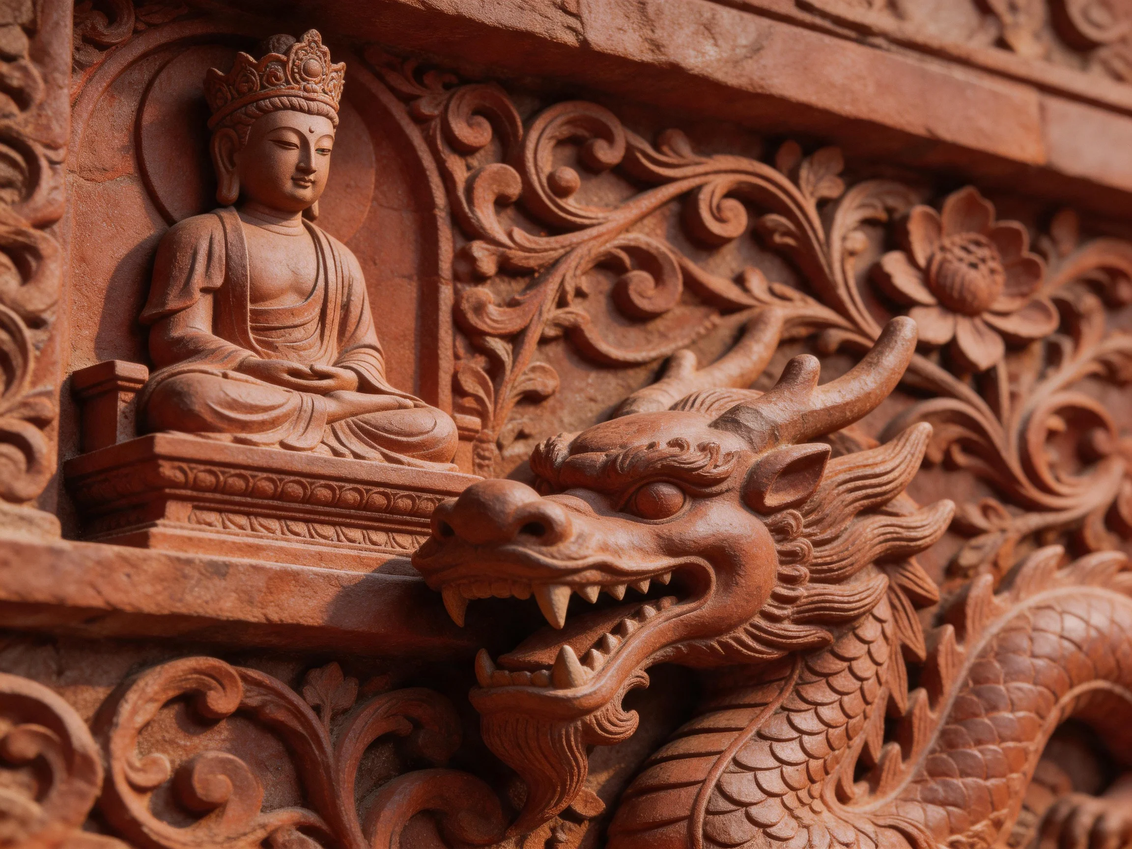 Intricate reddish-brown stone carving of a Buddha and dragon