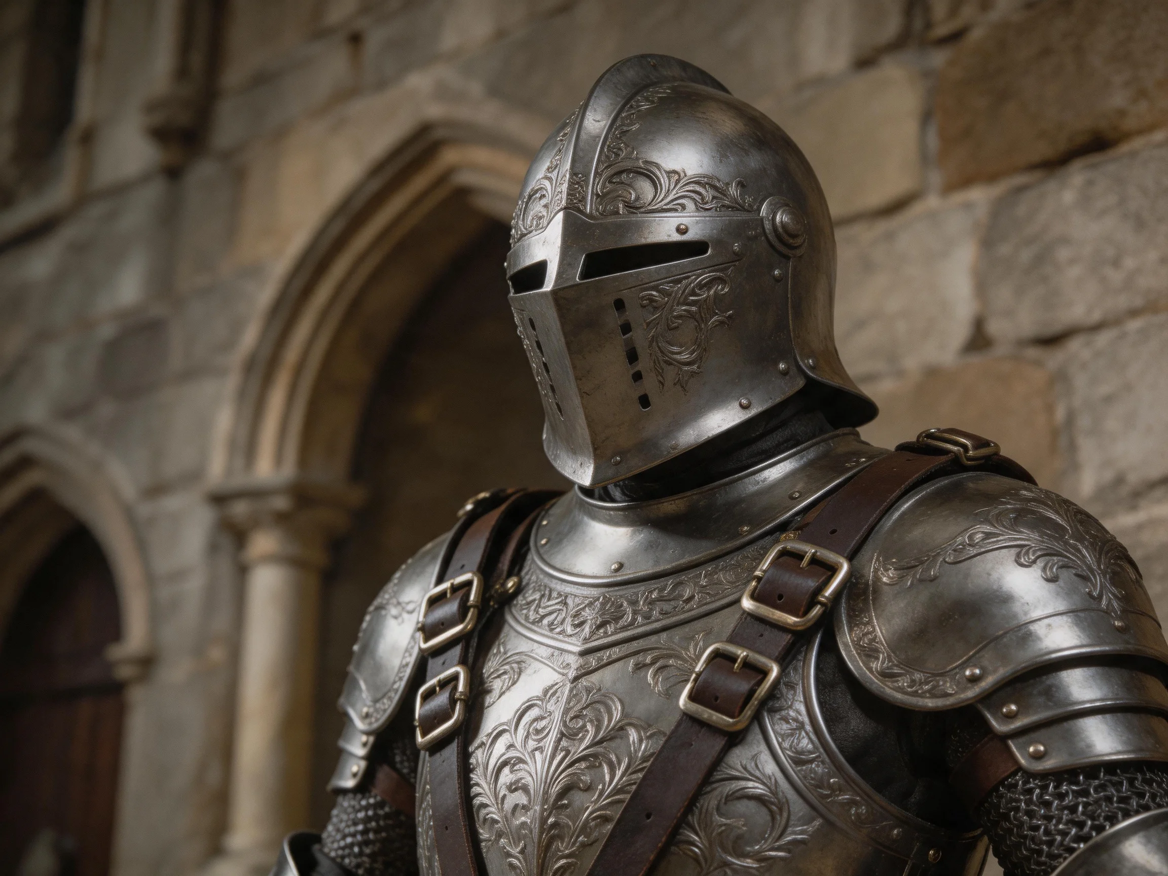 Intricate silver medieval armor displayed near ancient stone walls