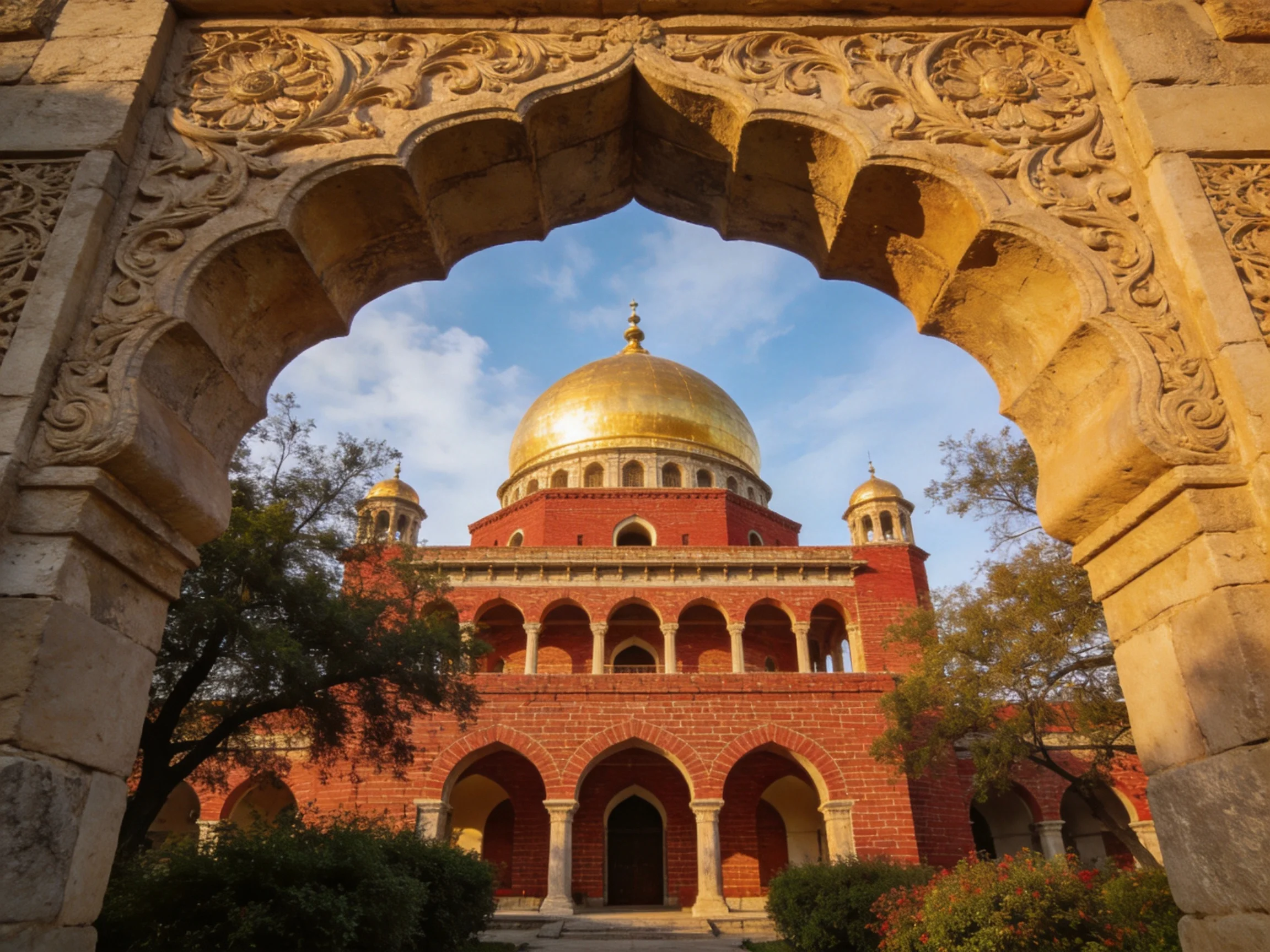 Intricate stone arch frames red-brick mosque with golden domes