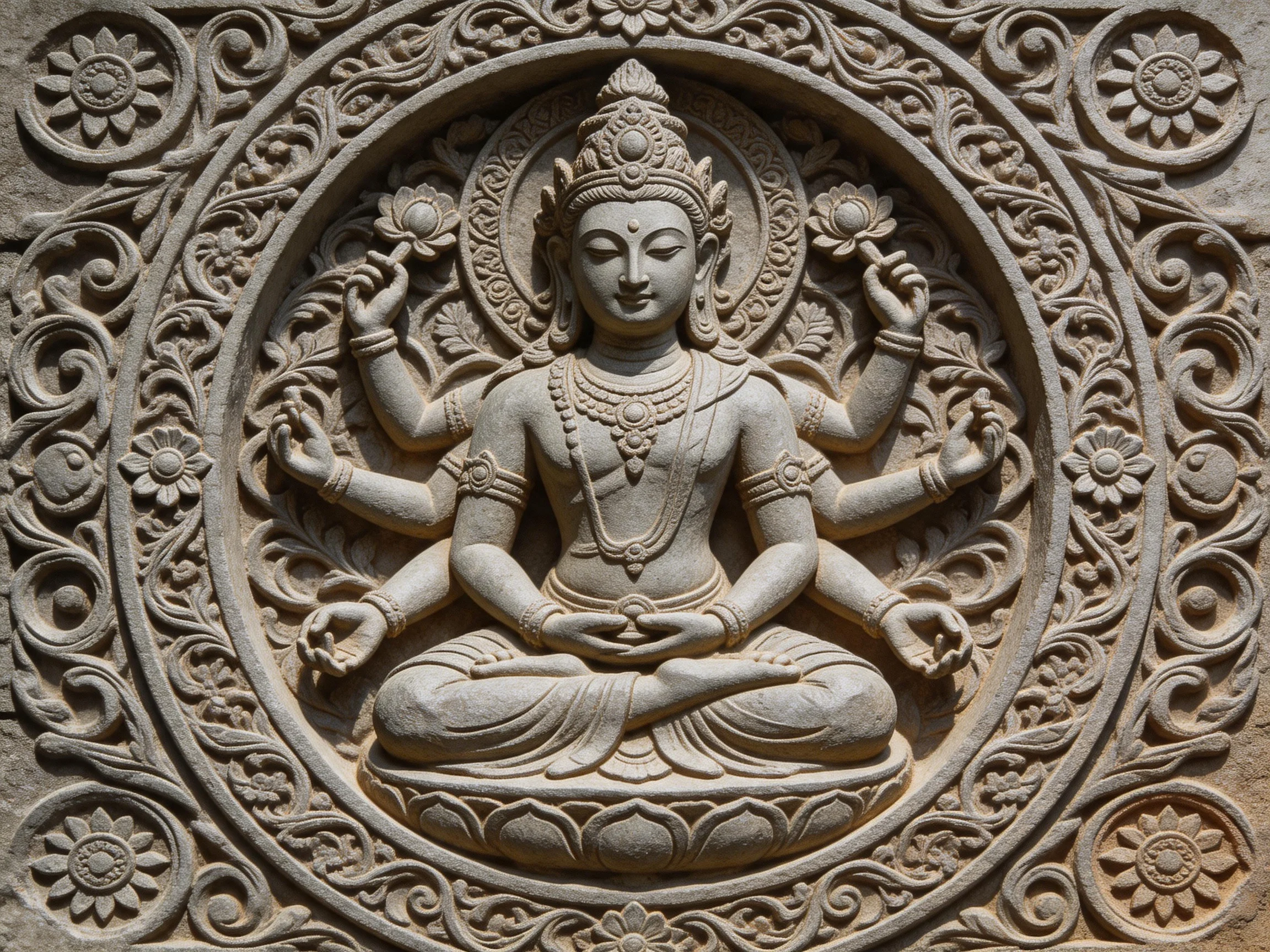 Intricate stone carving of a four-armed deity with ornate circular border