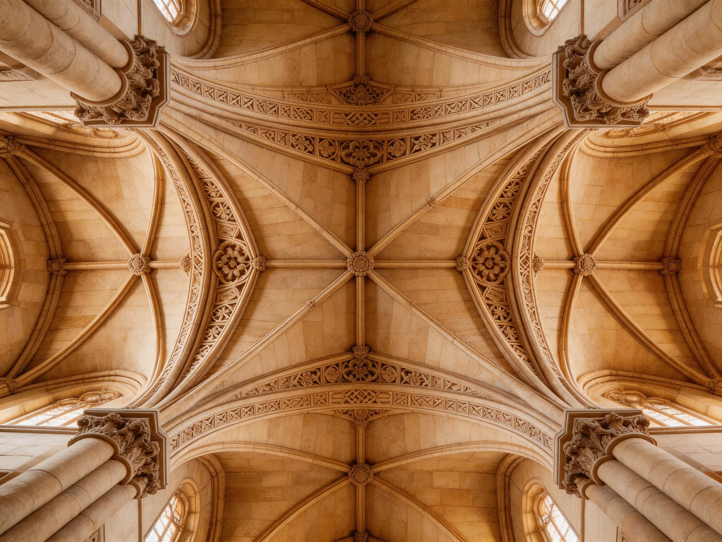 Intricate stone ceiling with symmetrical arches and warm beige tones