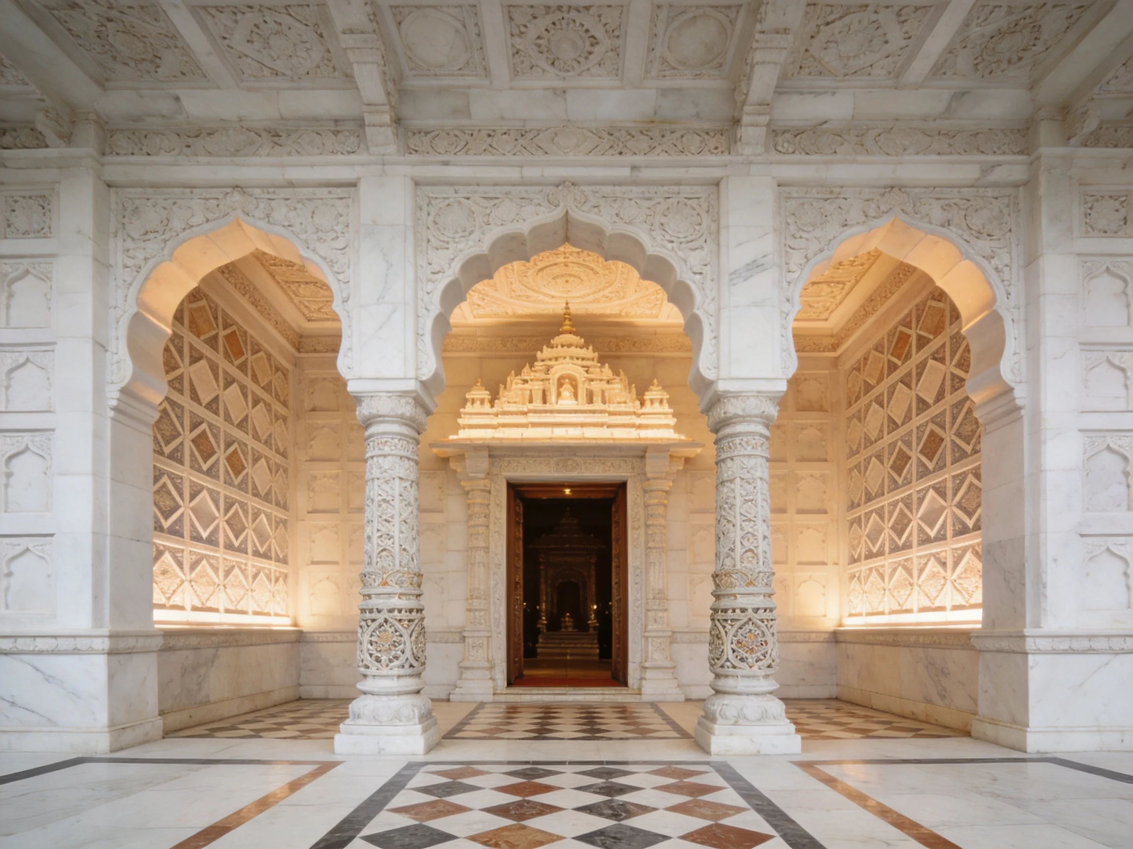 Intricate white marble arches frame a grand temple entrance