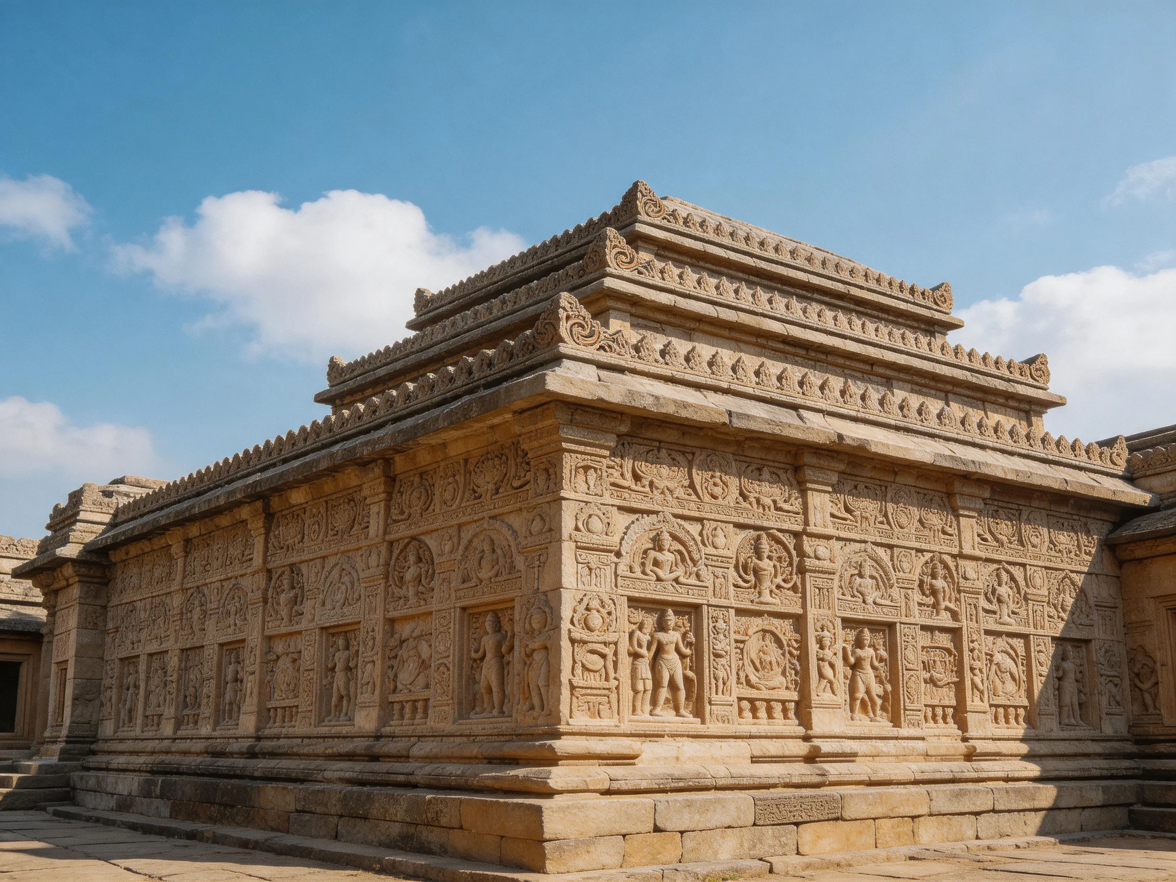 Intricately carved ancient sandstone temple under sunny sky