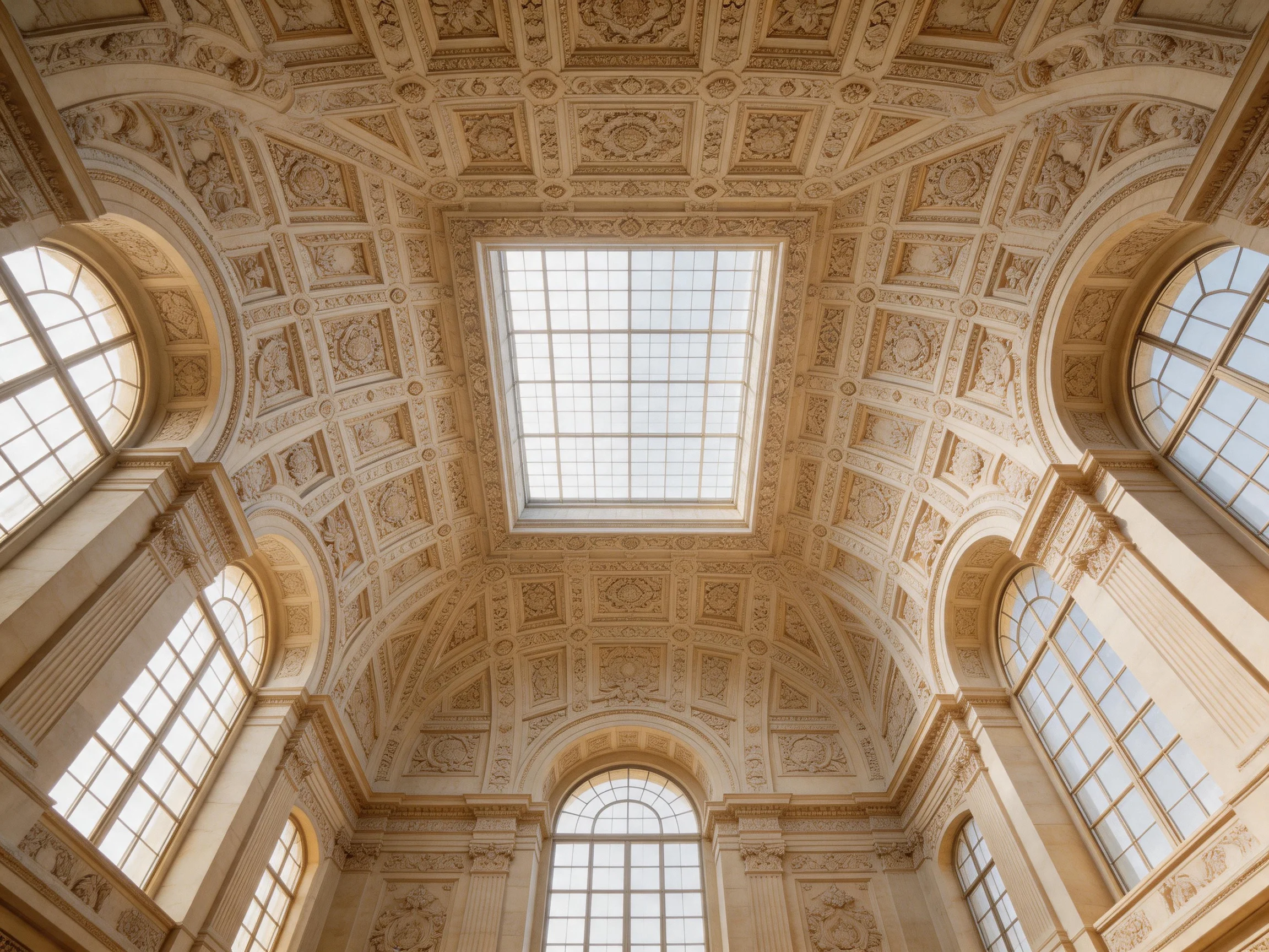 Intricately carved ceiling with central skylight and arched windows