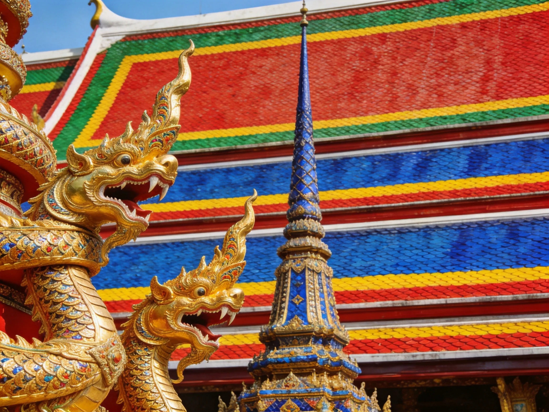 Intricately designed golden serpents near a vibrantly striped temple