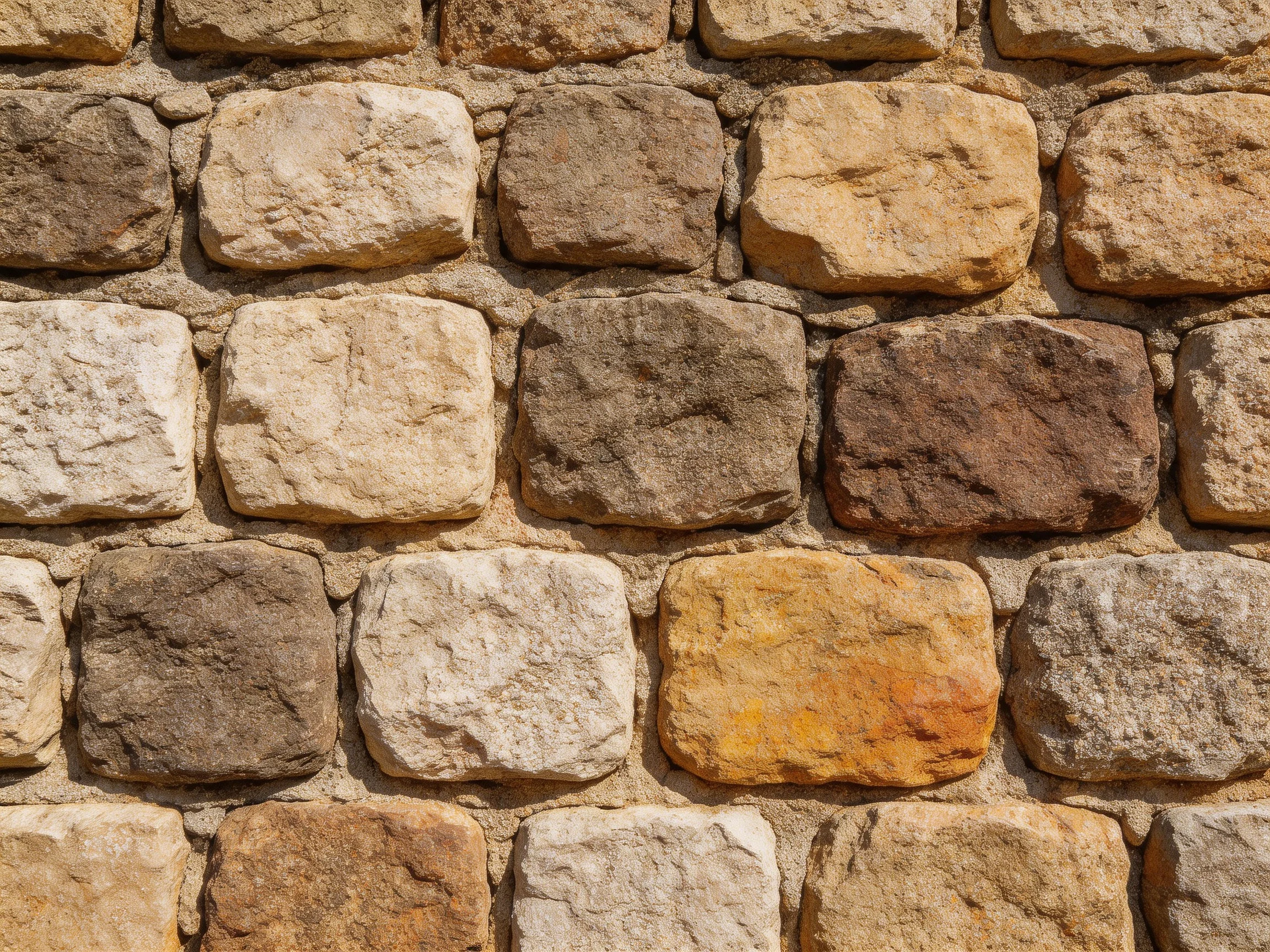 Irregularly shaped stones in earthy tones form an aged stone wall