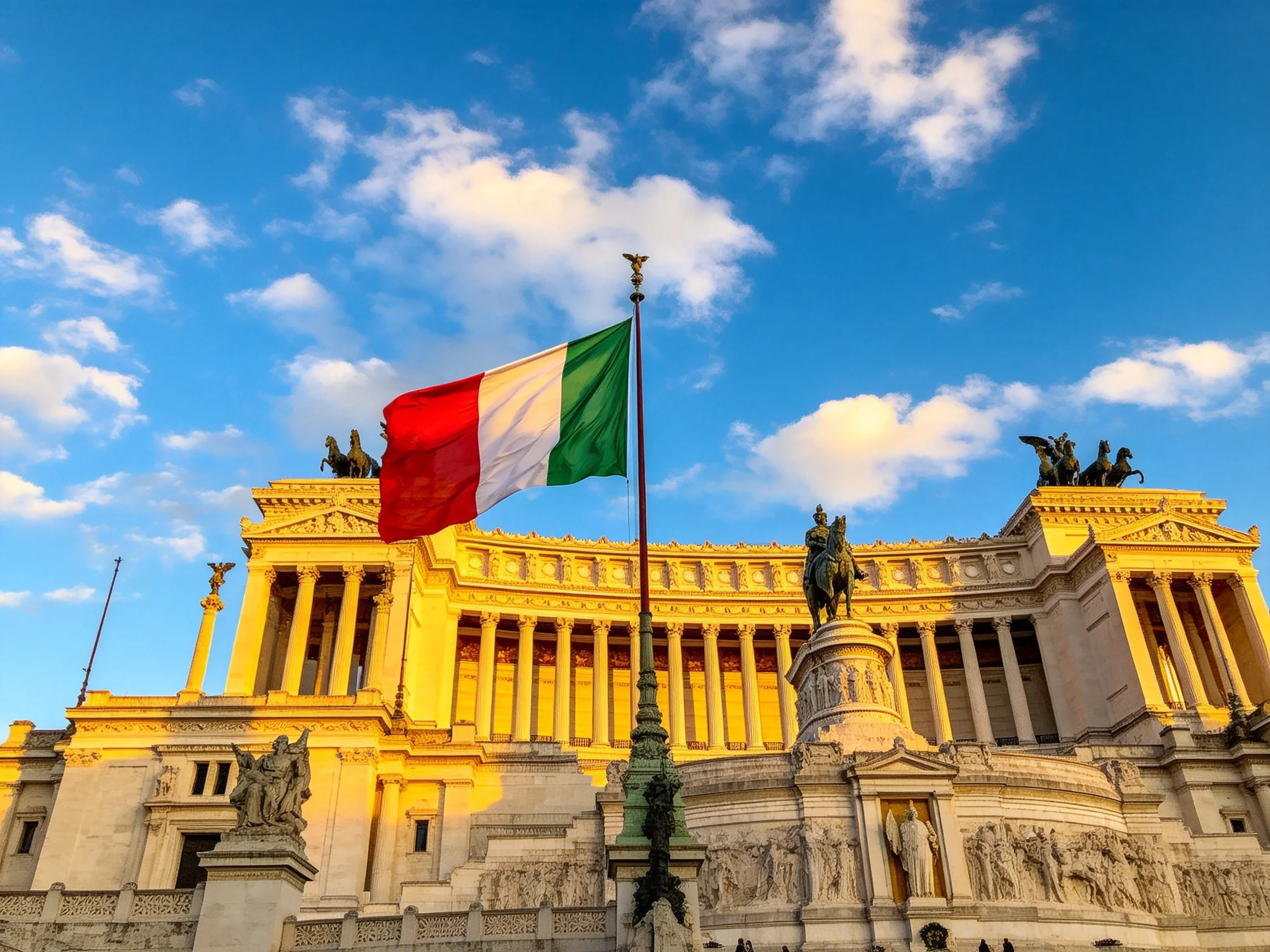 Italian flag waves beside grand neoclassical monument under clear blue sky