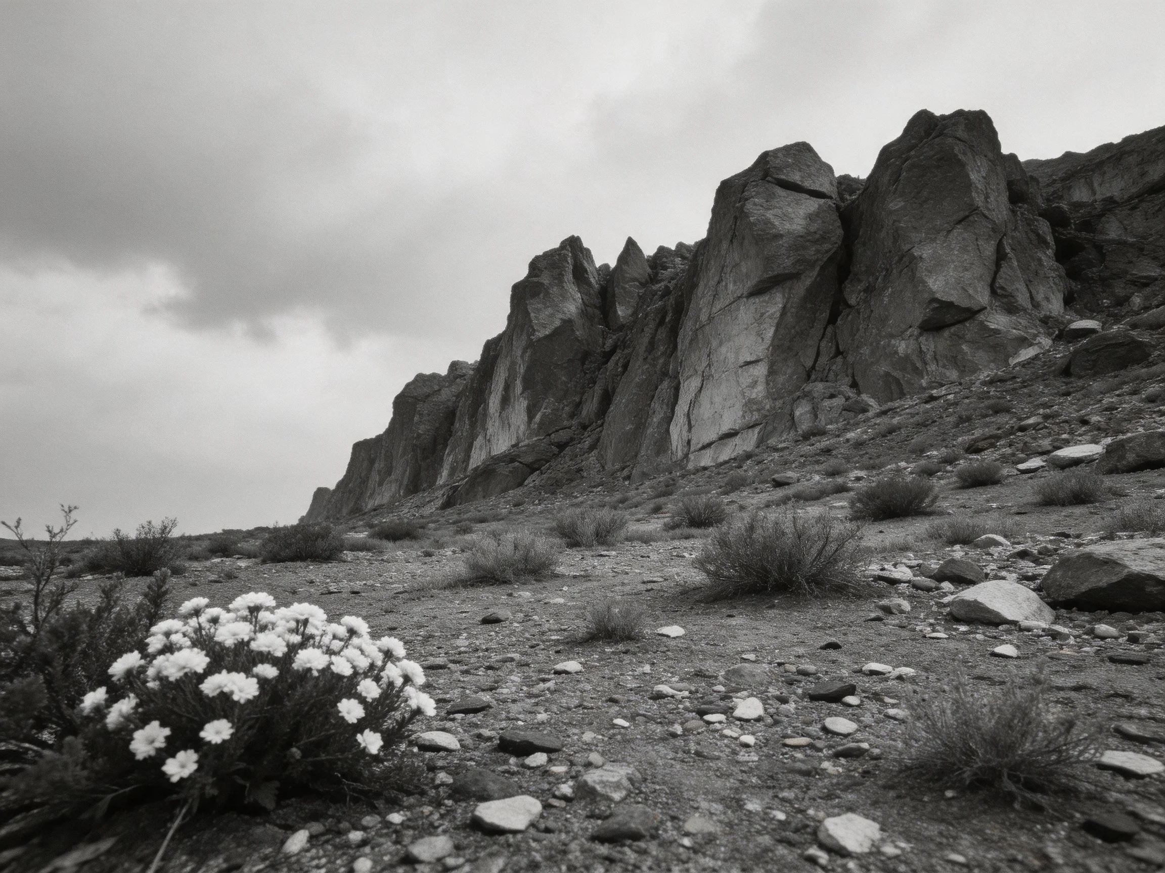 Jagged Rock Formations with Sparse Desert Vegetation and White Flowers