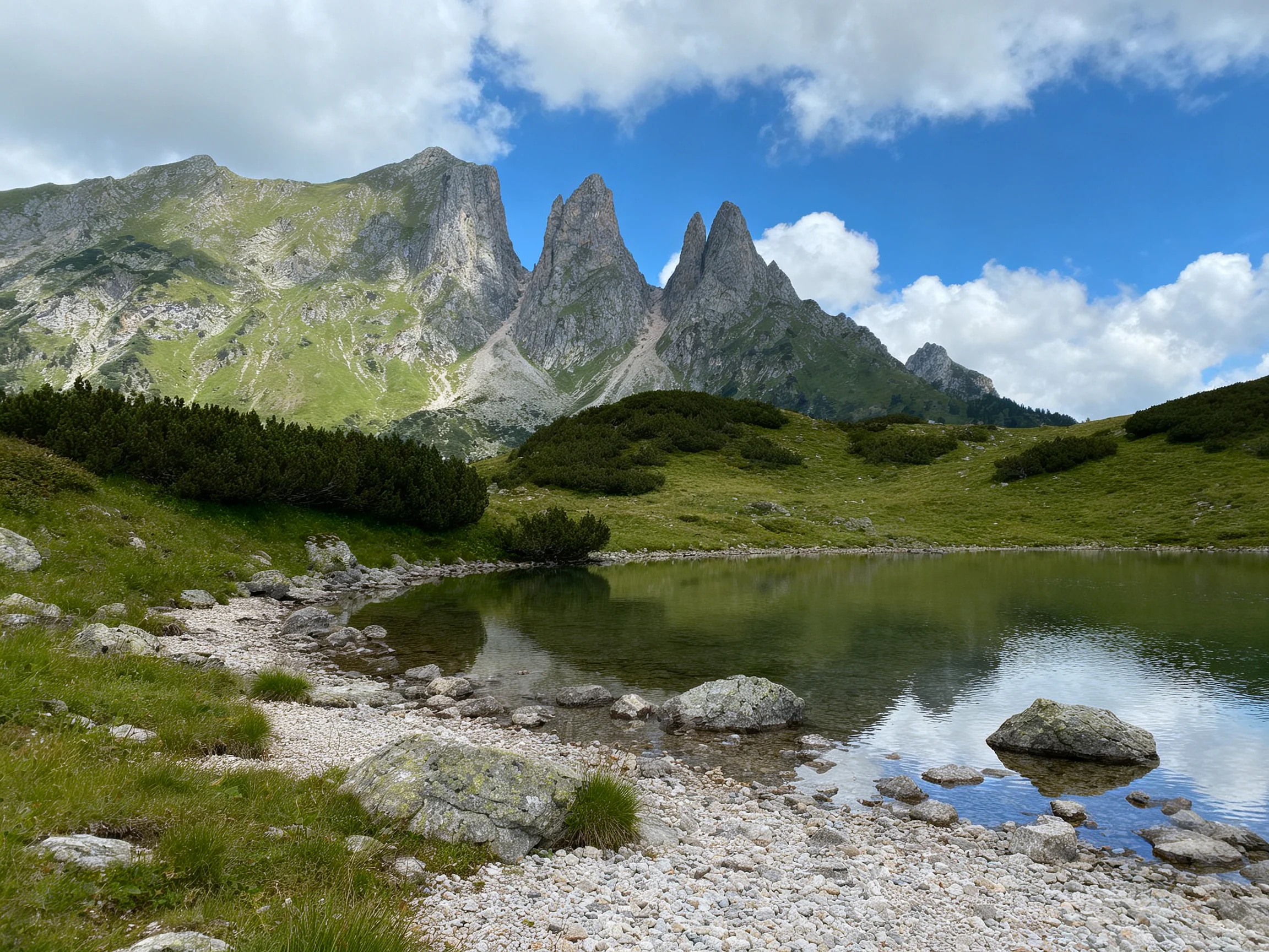 Jagged mountain peaks overlook a serene alpine lake with rocky shores