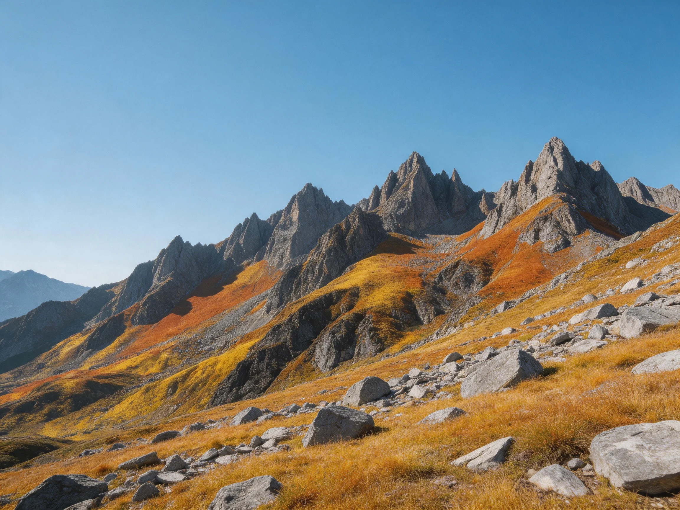 Jagged mountain peaks with autumn-colored slopes and scattered rocks