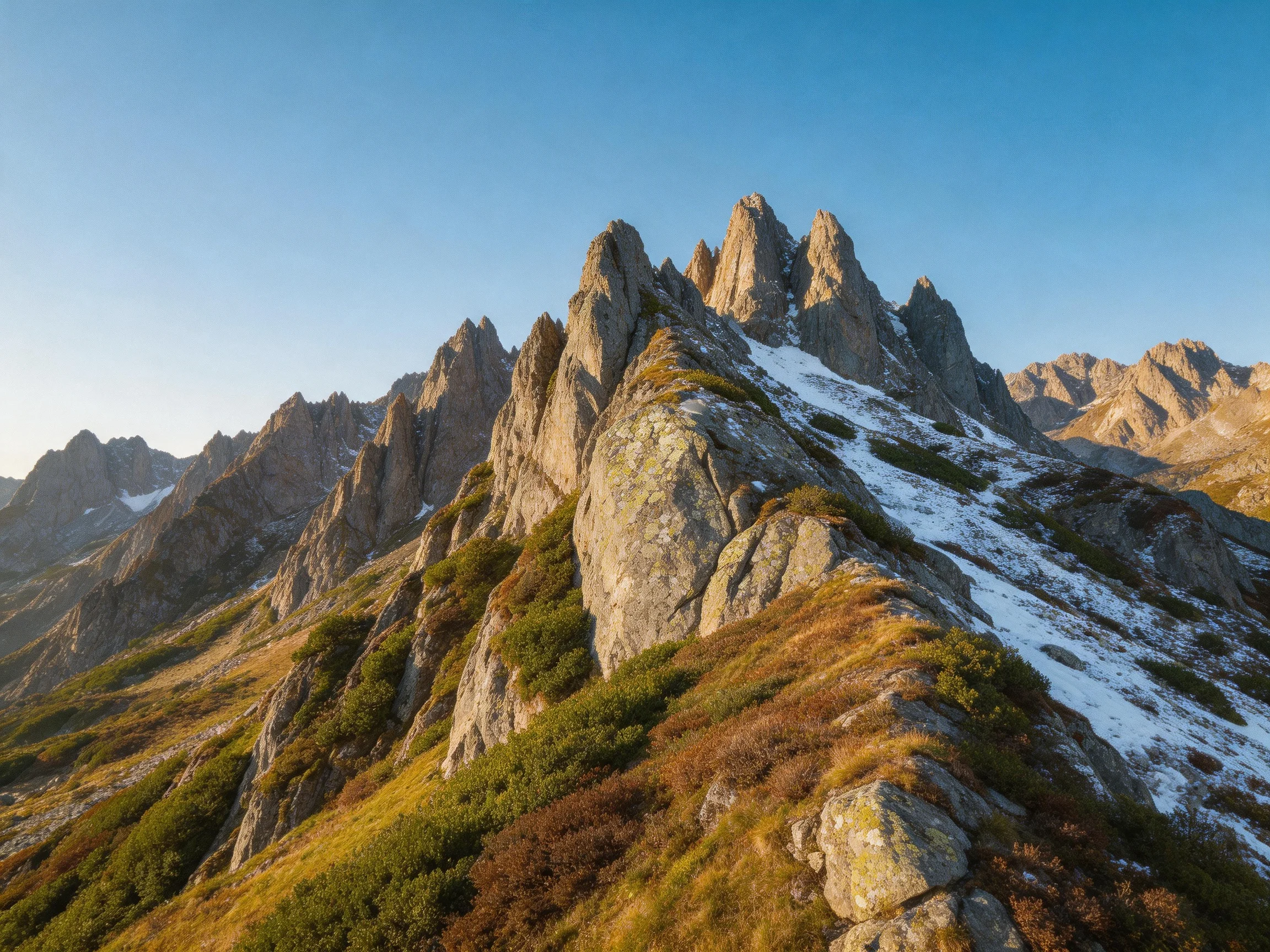 Jagged mountain peaks with snow patches and green slopes