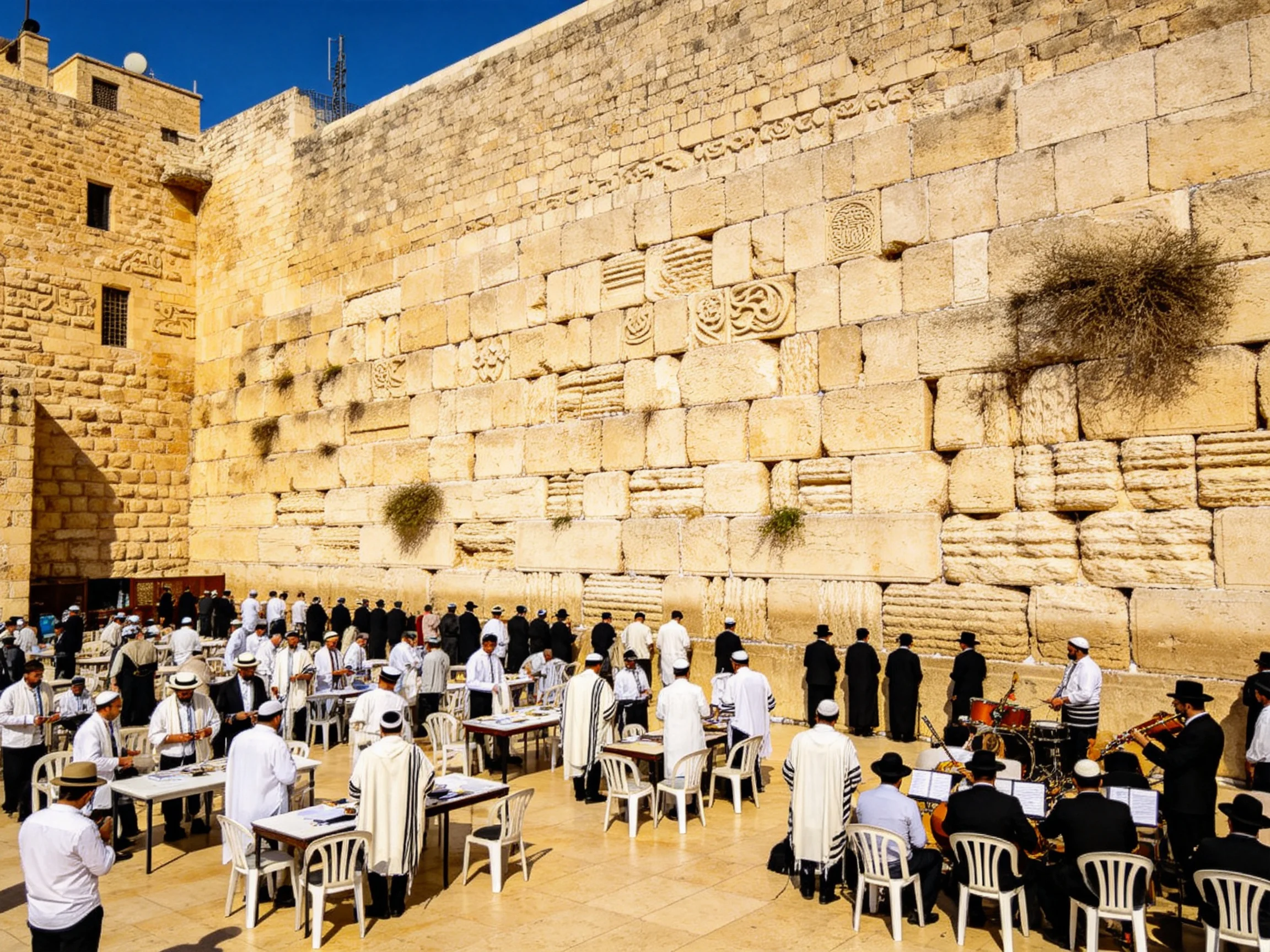 Jewish people gather near ancient stone walls under bright sunlight