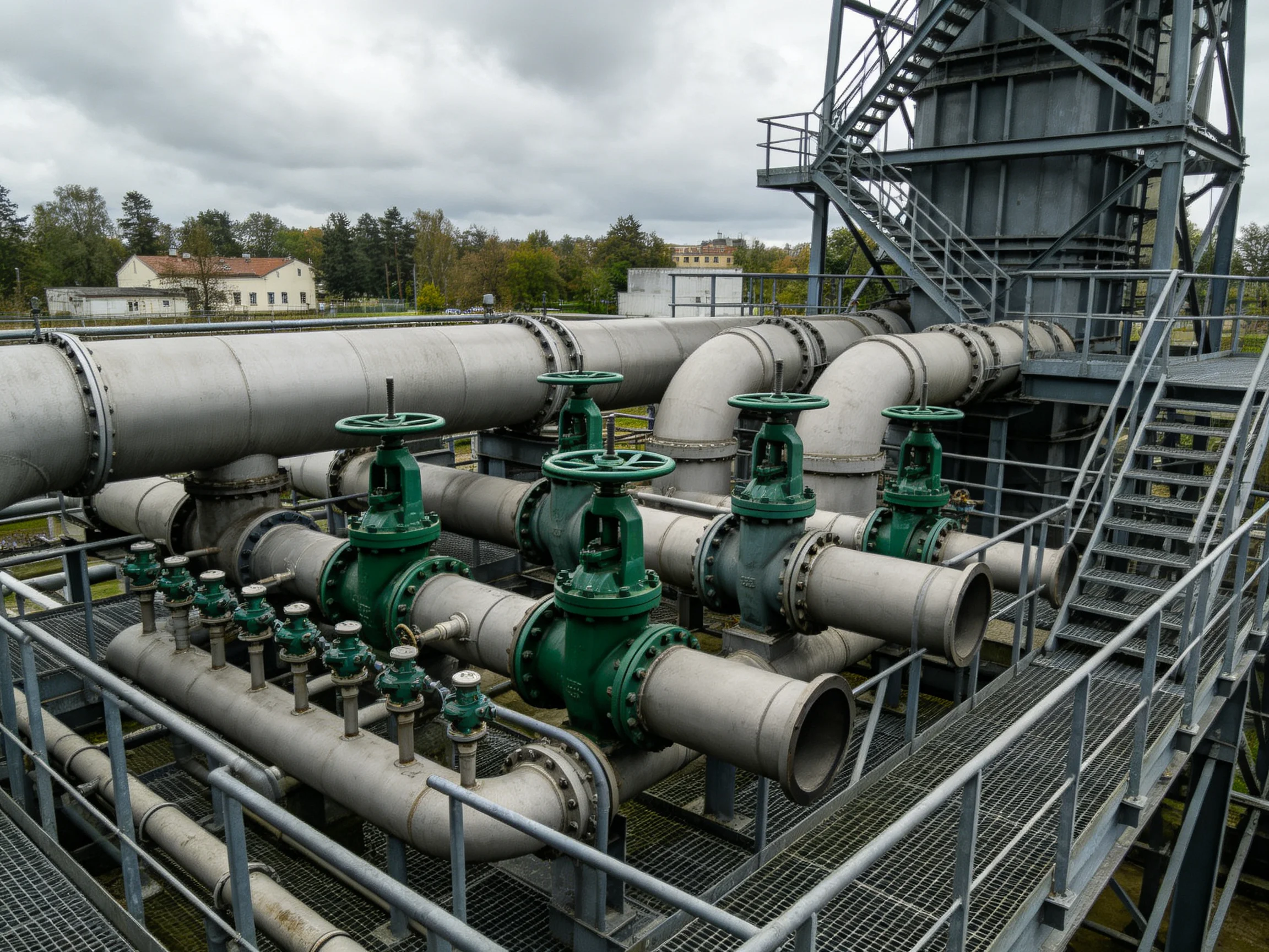 Large Industrial Pipelines with Green Valves and Steel Frameworks