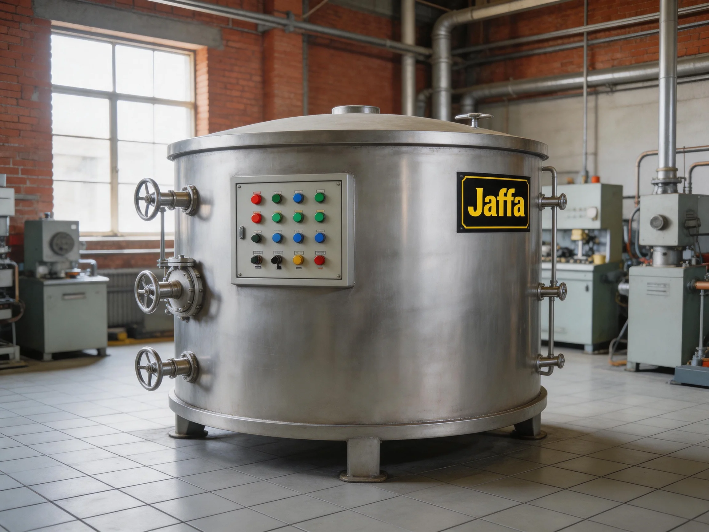 Large Stainless Steel Tank Labeled Jaffa in Brick-Walled Industrial Facility