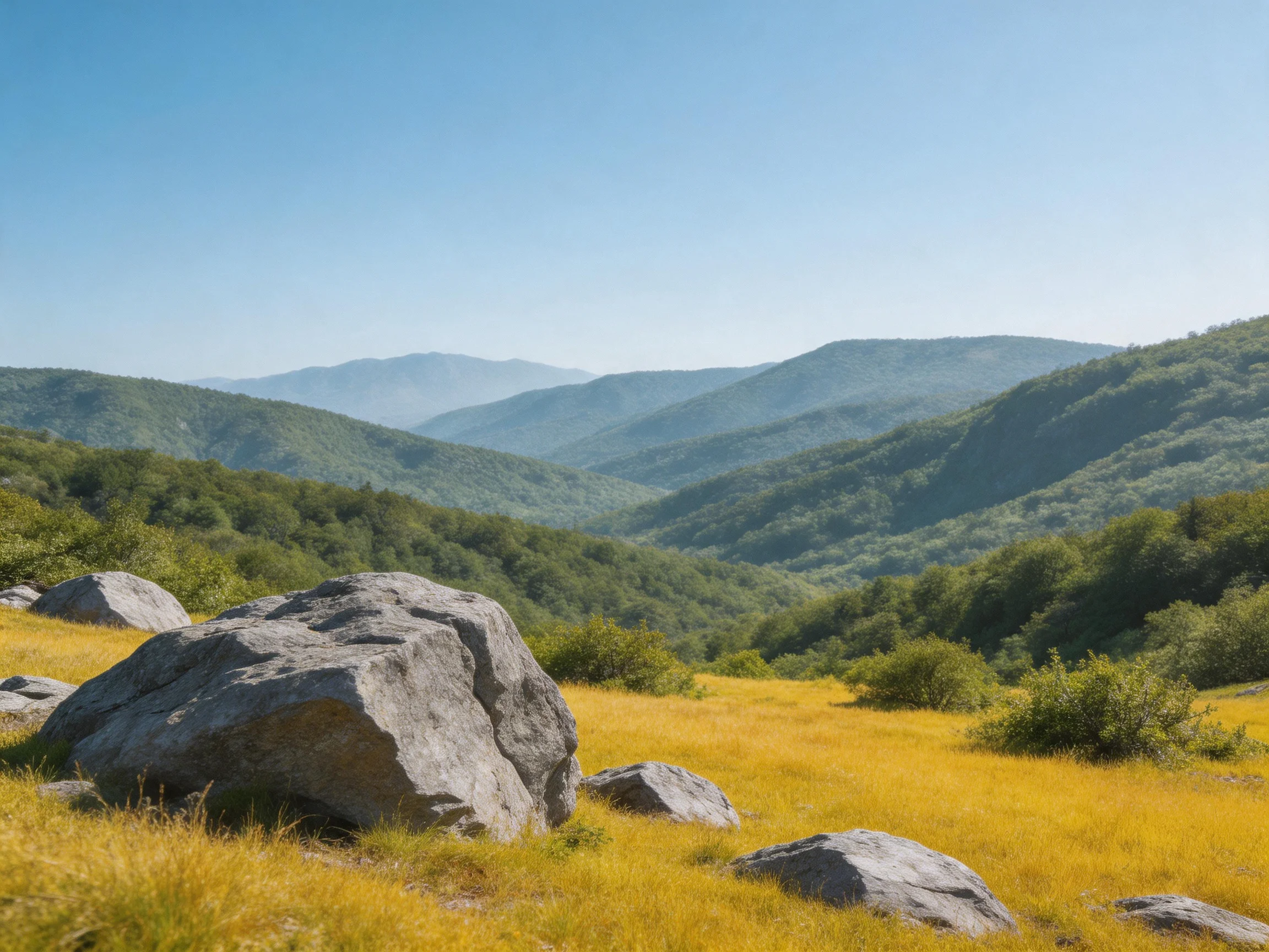 Large boulders on golden meadow with forested hillside backdrop