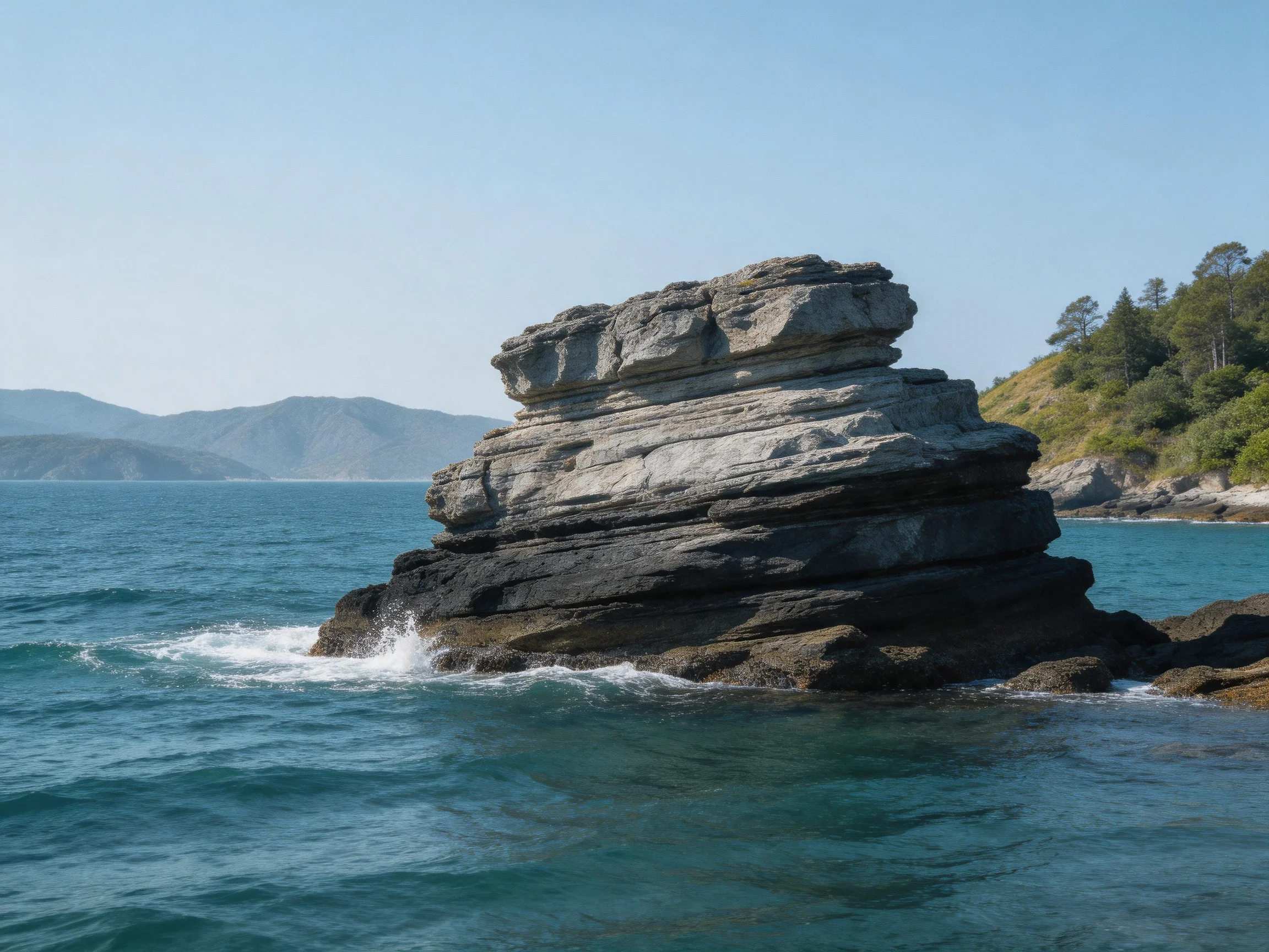Layered gray and dark rock formation in turquoise coastal waters