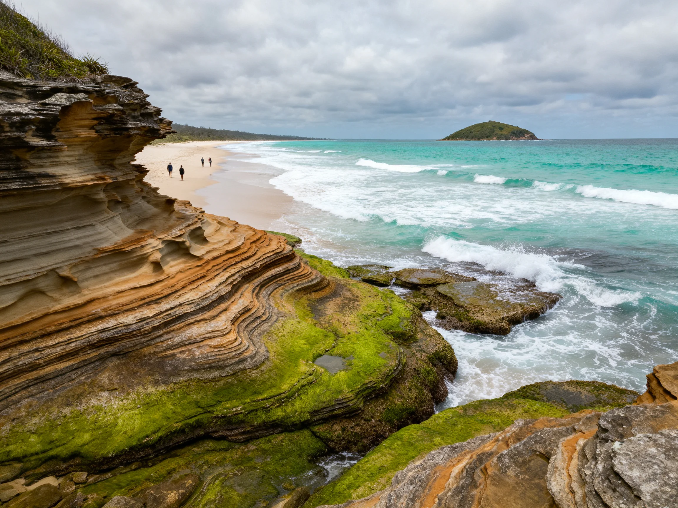 Layered sandstone cliffs meet turquoise ocean near a small island