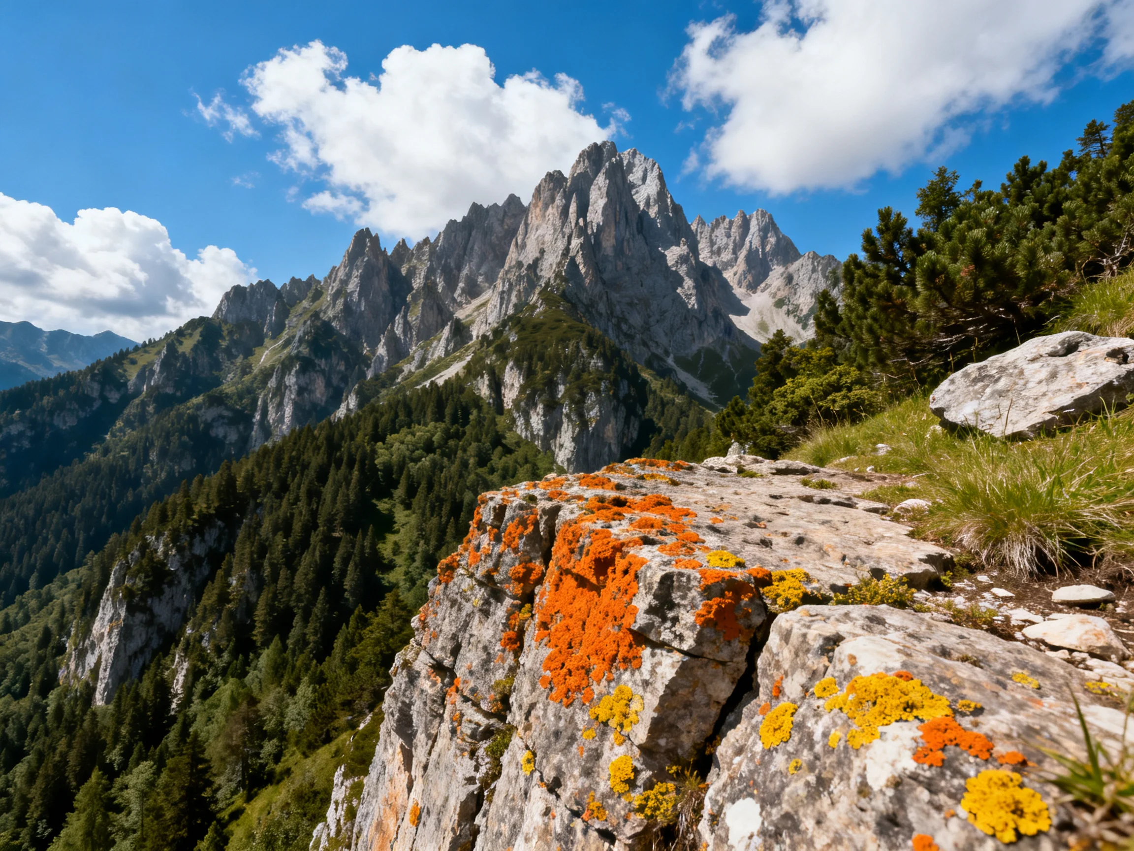 Lichen-Covered Cliff Overlooks Towering Peaks Under Blue Sky