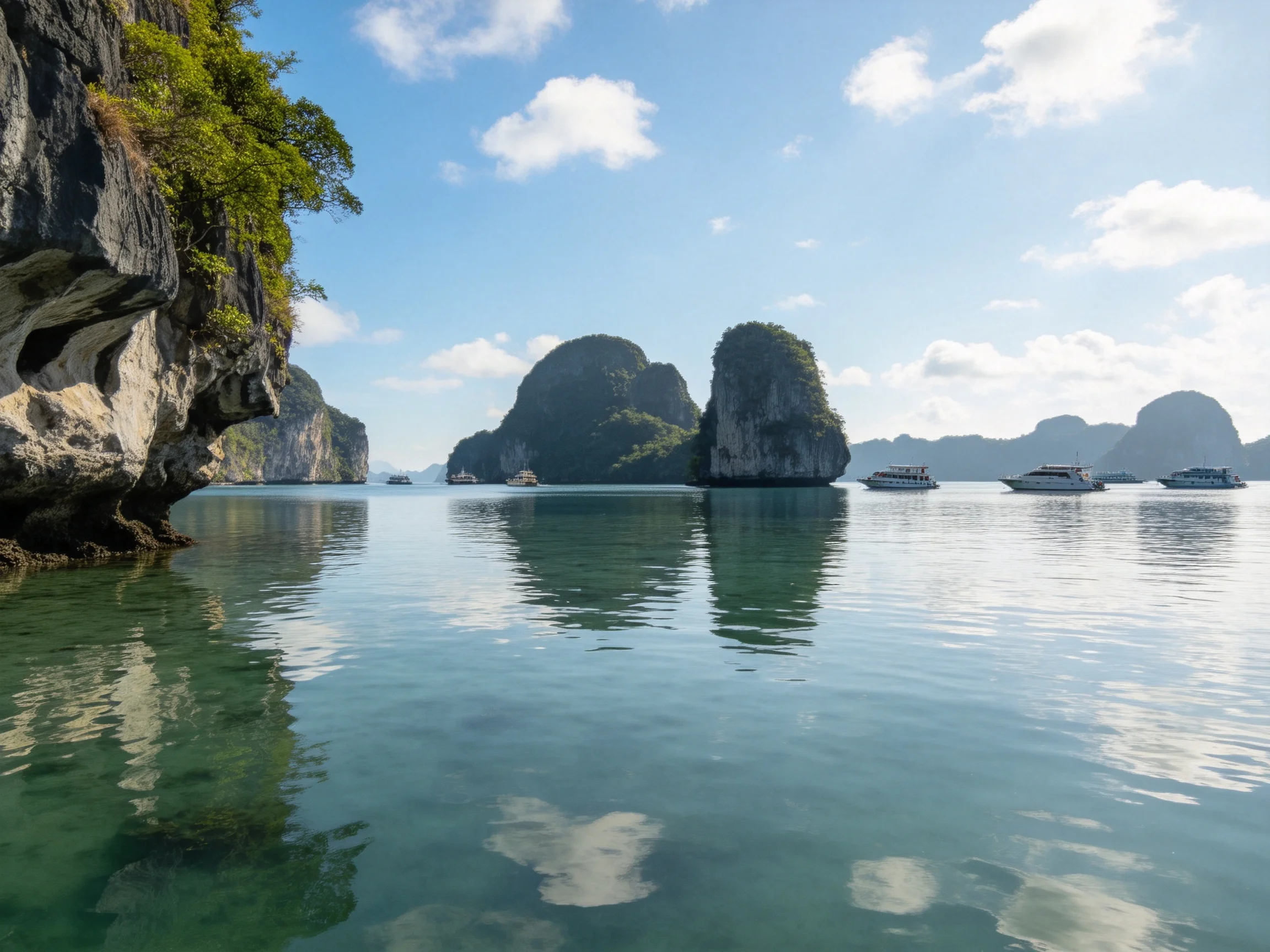 Limestone cliffs tower over calm turquoise waters with boats