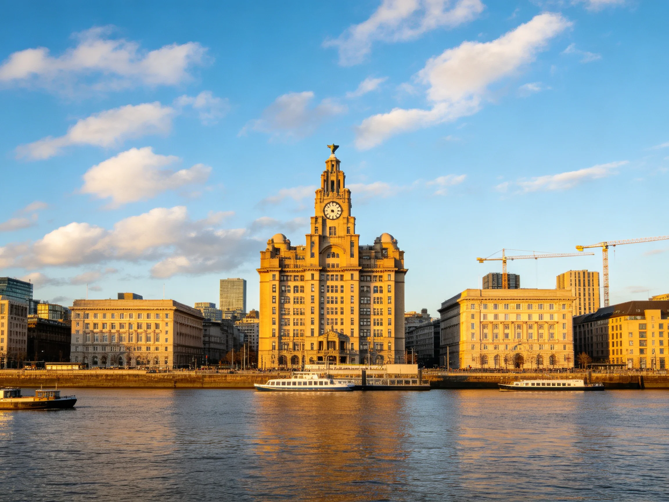 Liverpools iconic clock tower building by waterfront with boats and city structures