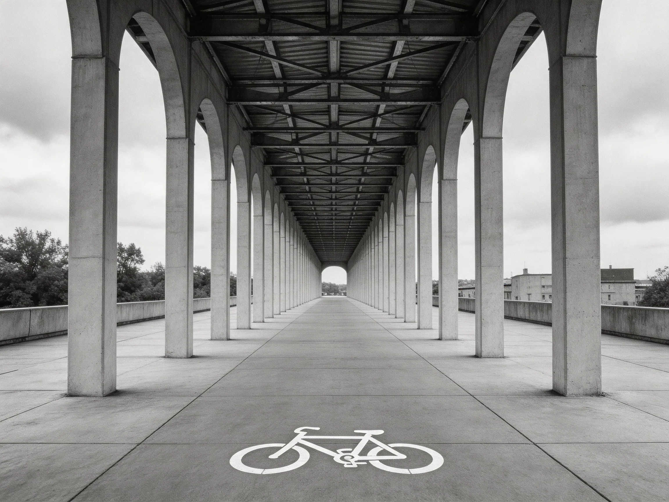 Long Arched Bridge with Concrete Columns and Bicycle Marking