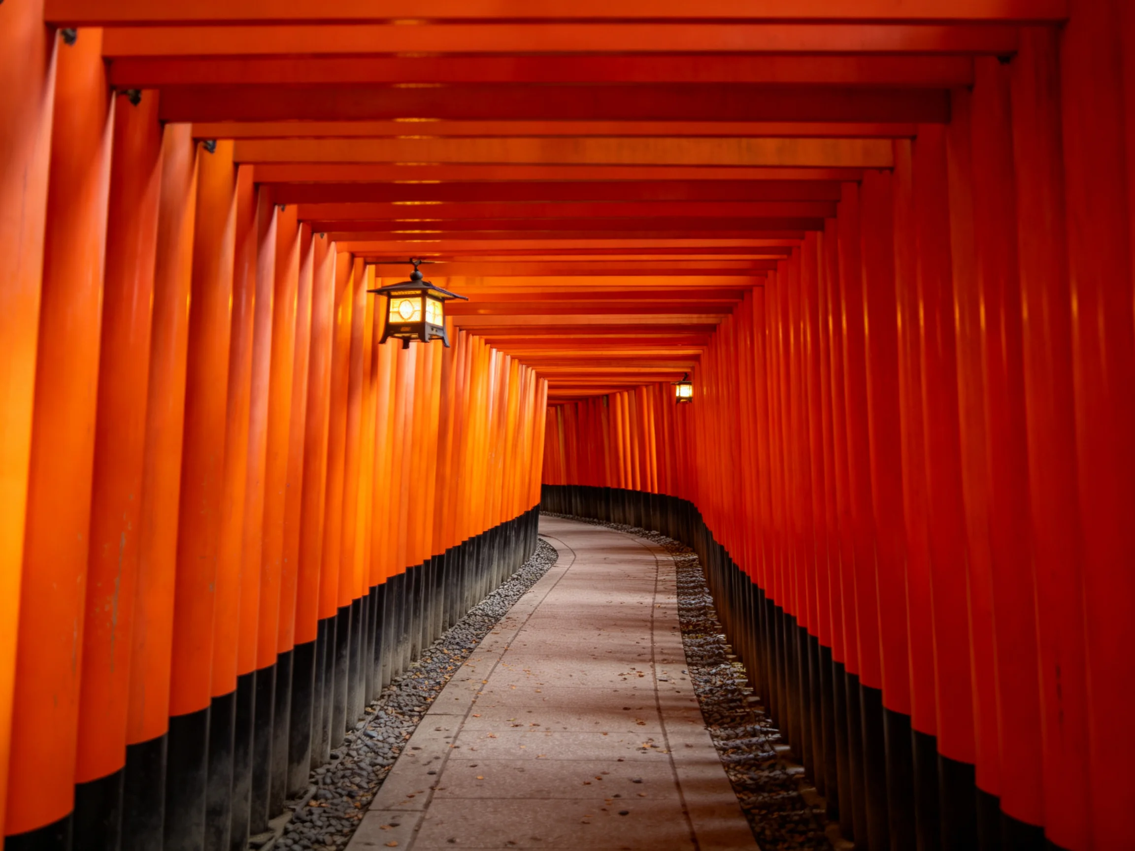 Long corridor of vibrant orange torii gates with winding stone path