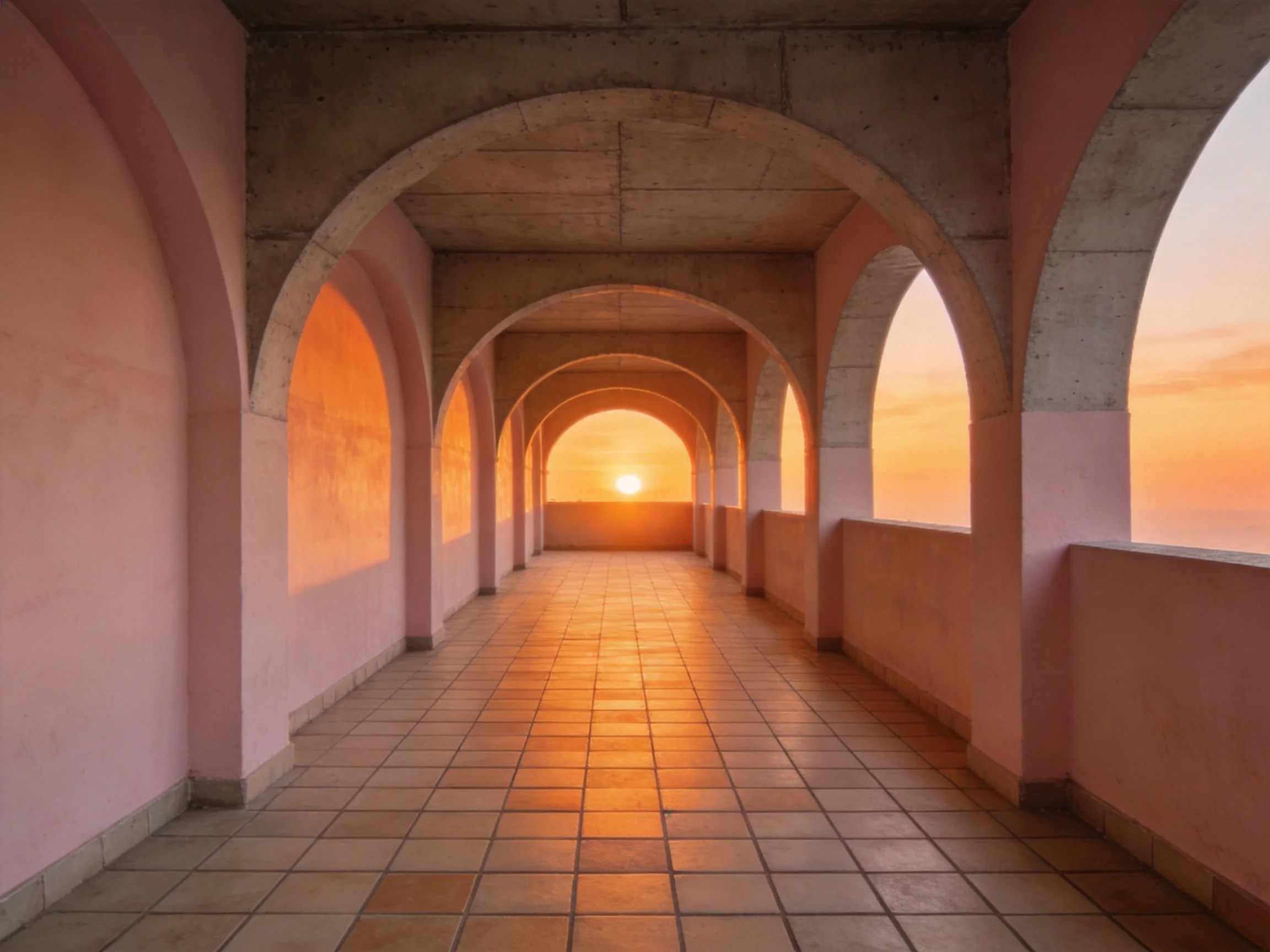 Long corridor with pink arches under golden sunset